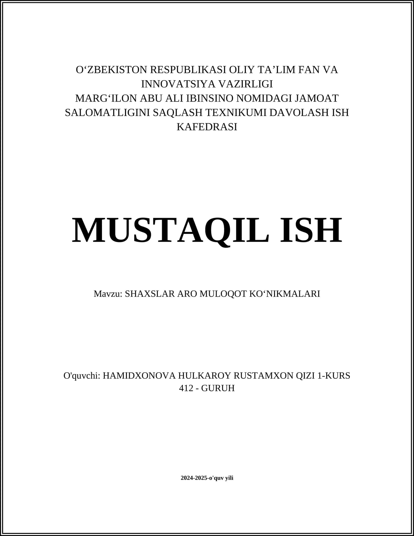 SHAXSLAR ARO MULOQOT KOʻNIKMALARI