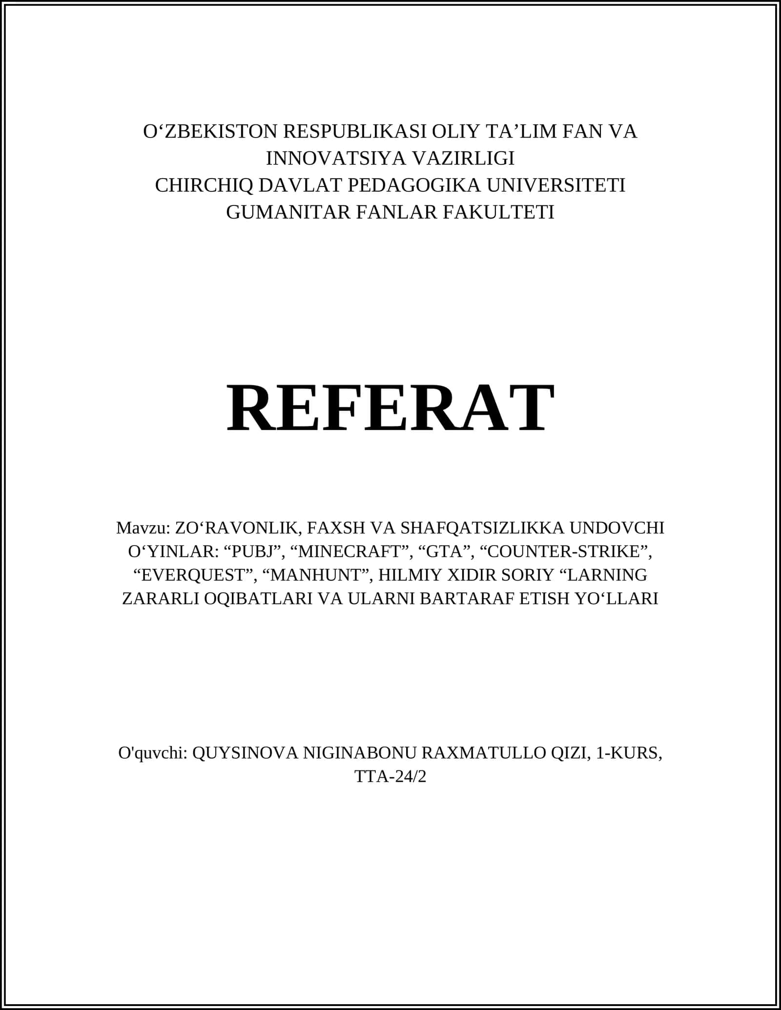 ZO‘RAVONLIK, FAXSH VA SHAFQATSIZLIKKA UNDOVCHI O‘YINLAR