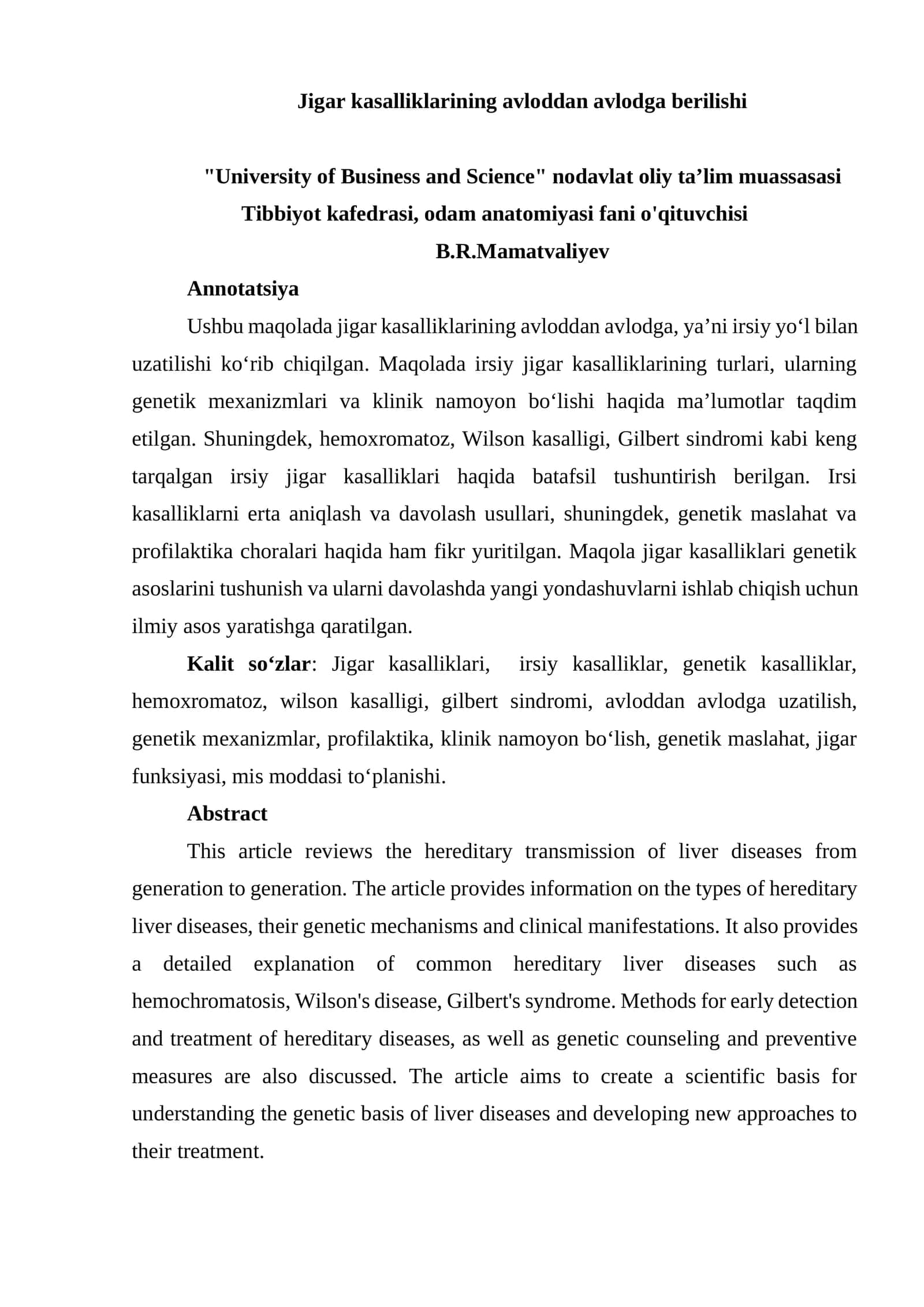 Jigar kasalliklarining avloddan avlodga berilishi