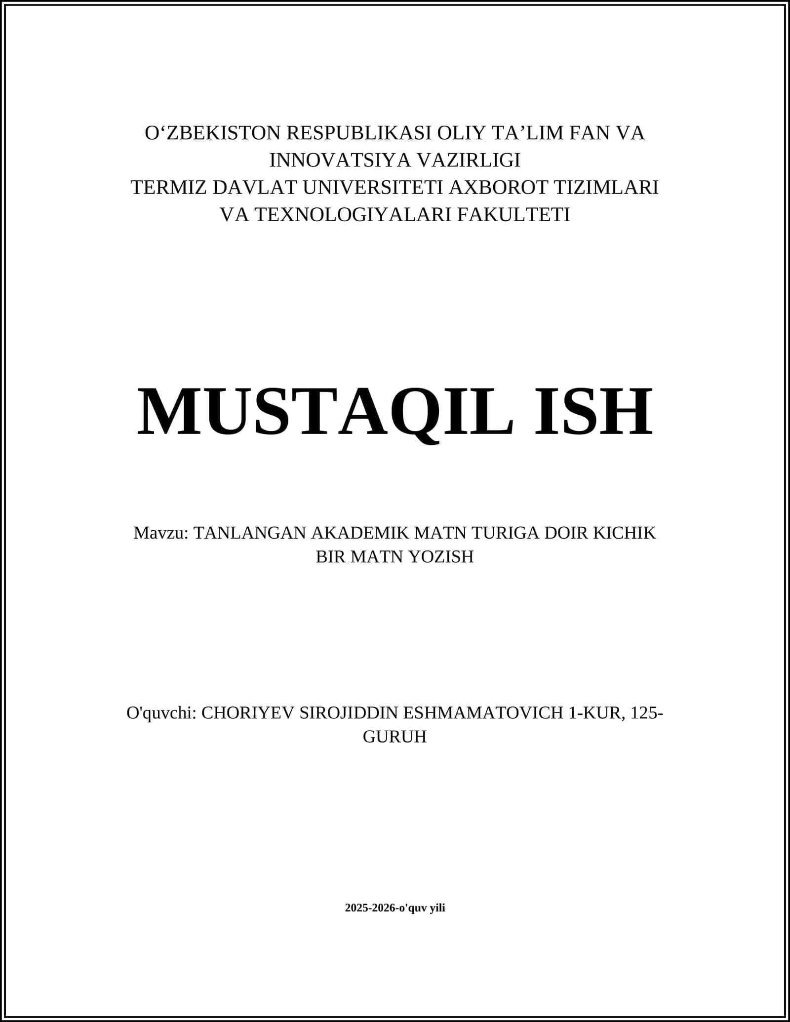 TANLANGAN AKADEMIK MATN TURIGA DOIR KICHIK BIR MATN YOZISH
