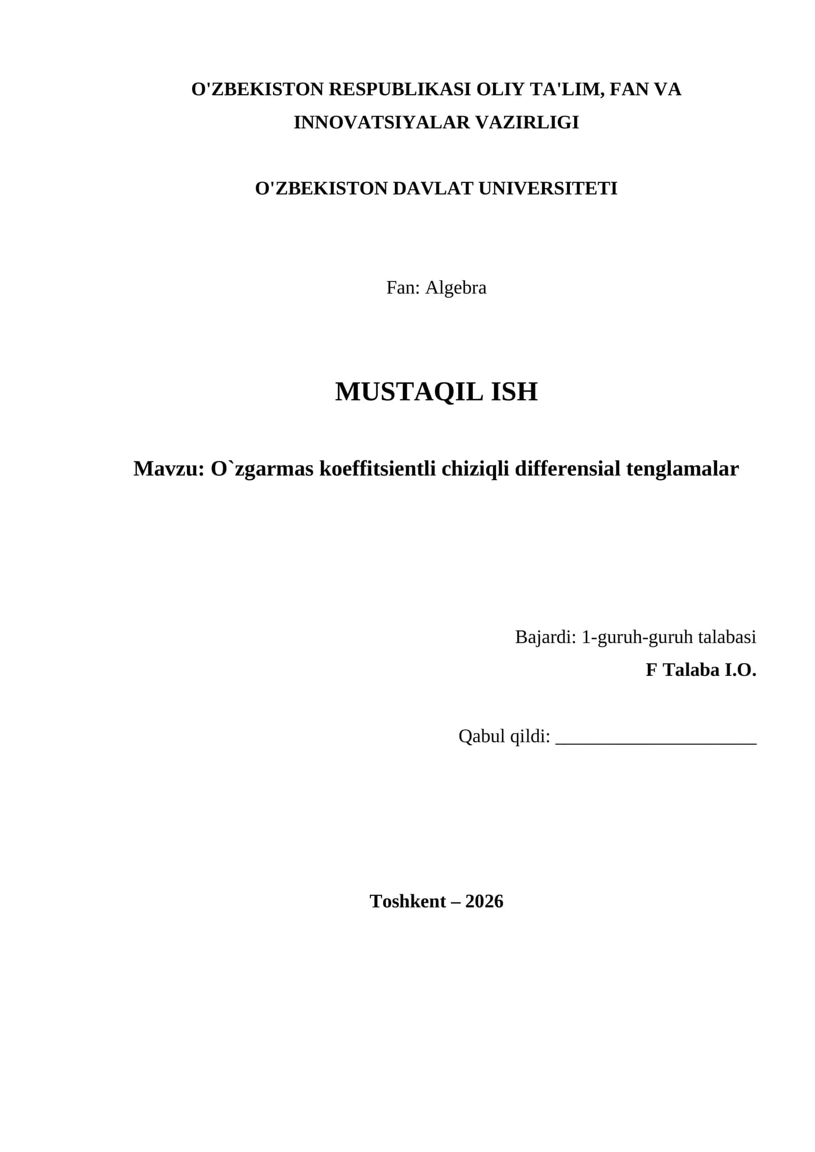 O`zgarmas koeffitsientli chiziqli differensial tenglamalar