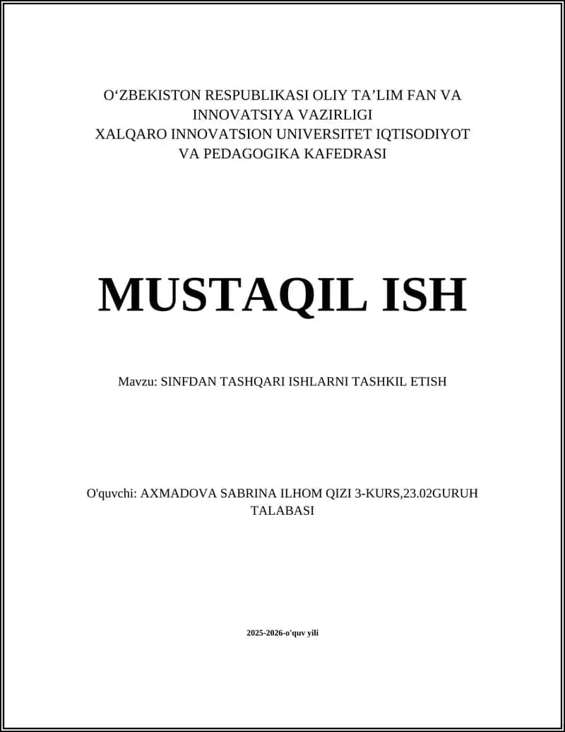 SINFDAN TASHQARI ISHLARNI TASHKIL ETISH