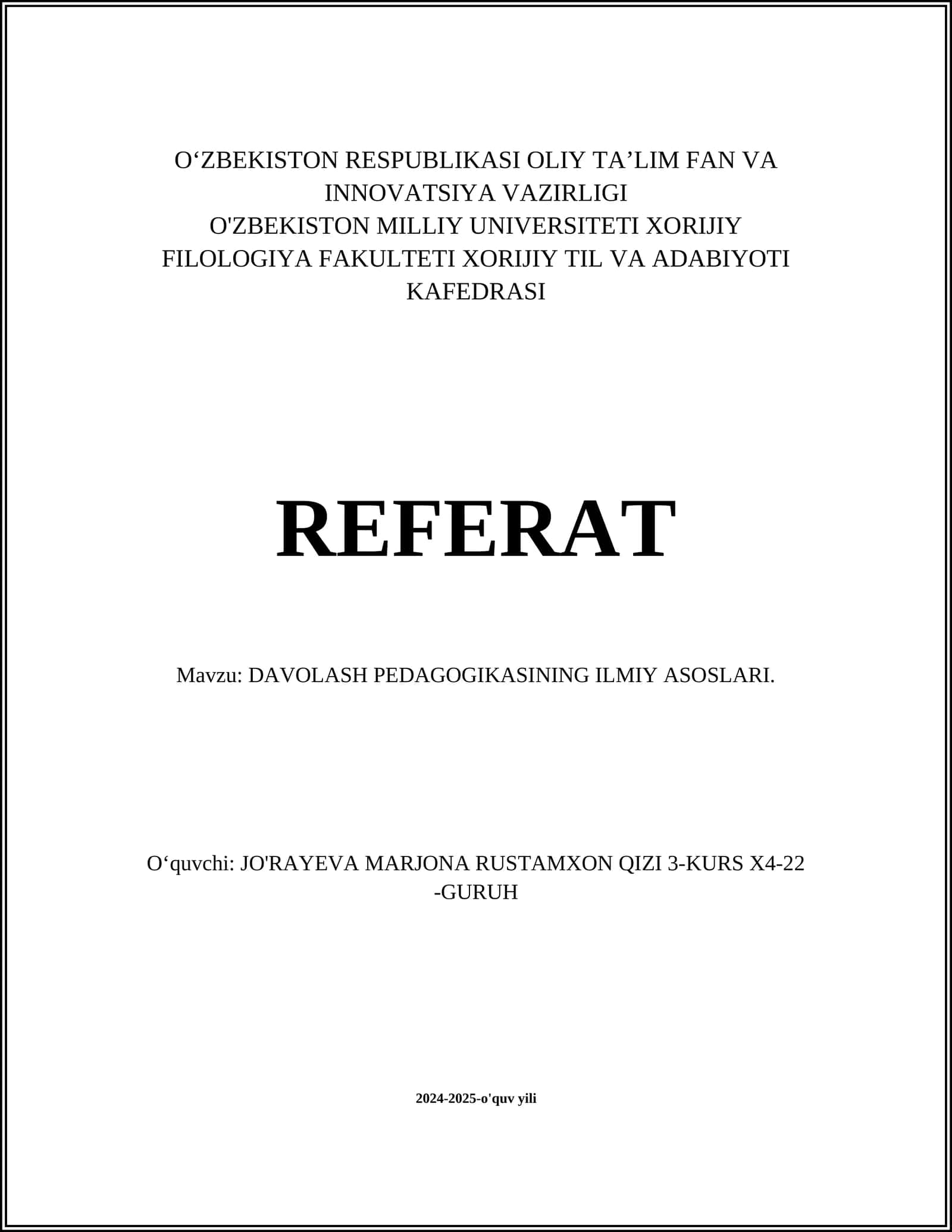 DAVOLASH PEDAGOGIKASINING ILMIY ASOSLARI