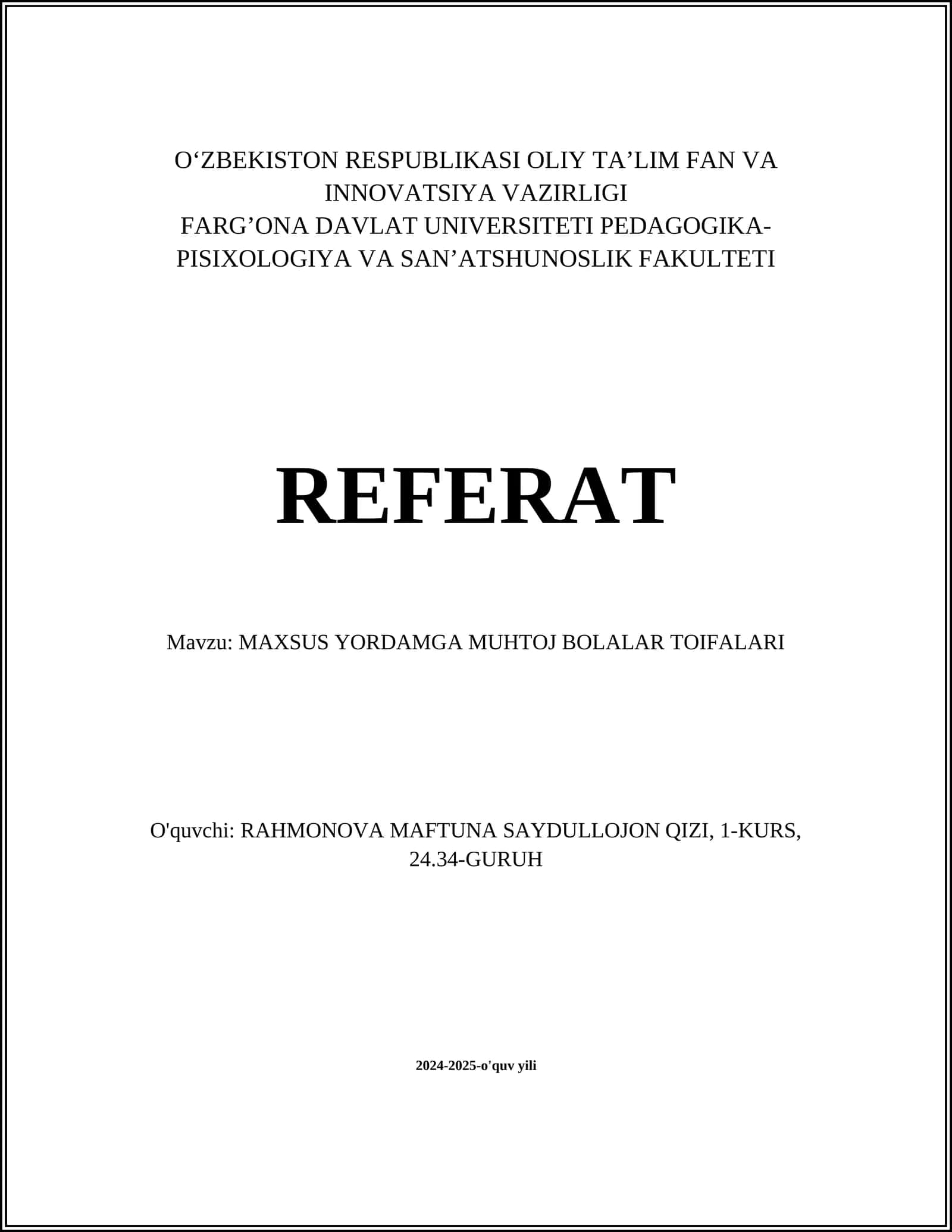 MAXSUS YORDAMGA MUHTOJ BOLALAR TOIFALARI