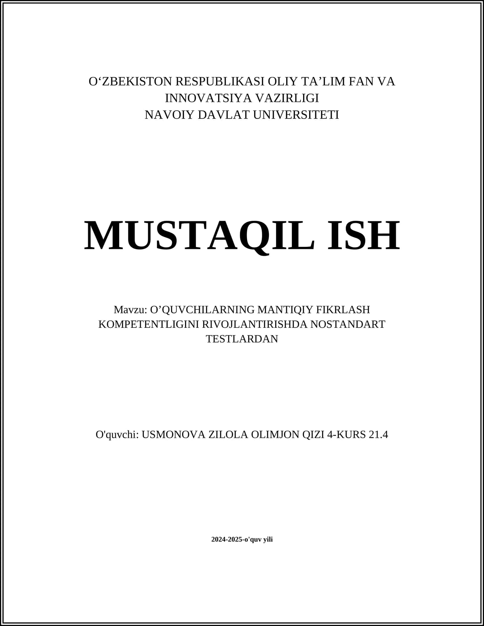 O’QUVCHILARNING MANTIQIY FIKRLASH KOMPETENTLIGINI RIVOJLANTIRISHDA NOSTANDART TESTLARDAN