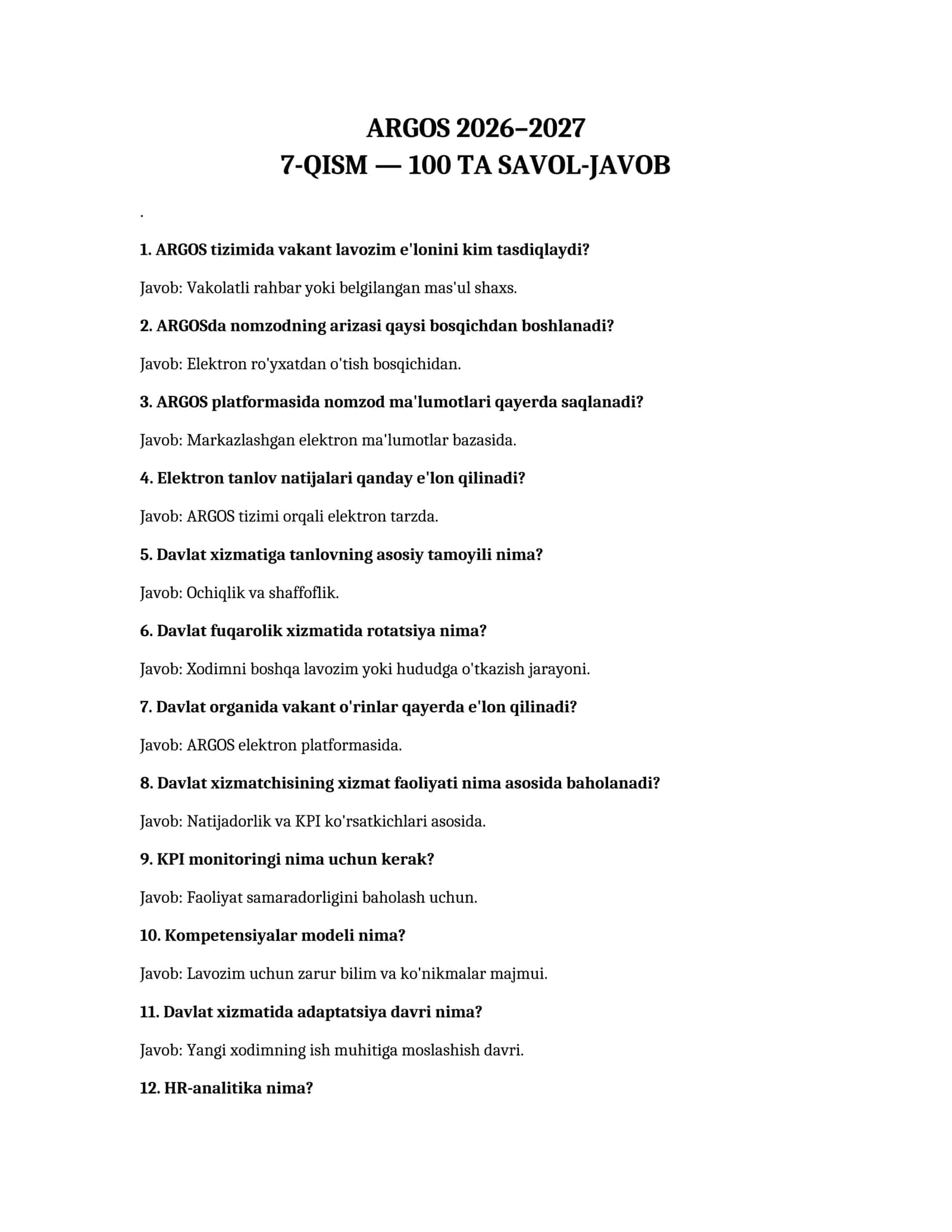 ARGOS 2026–2027 7-QISM — 100 TA SAVOL-JAVOB