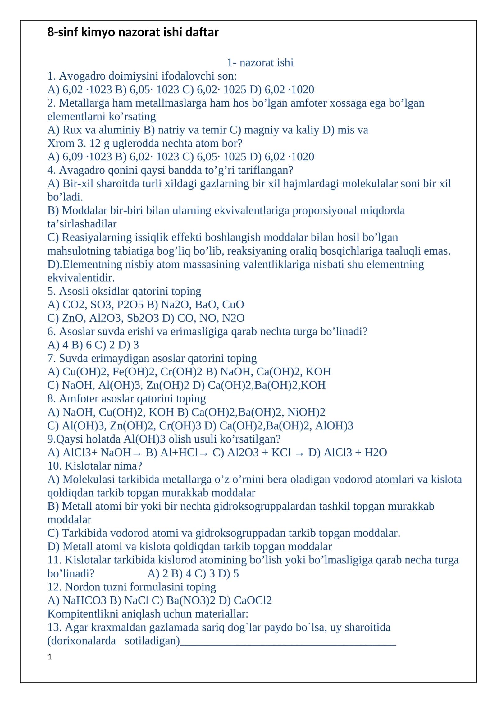 8-sinf kimyo nazorat ishi daftar