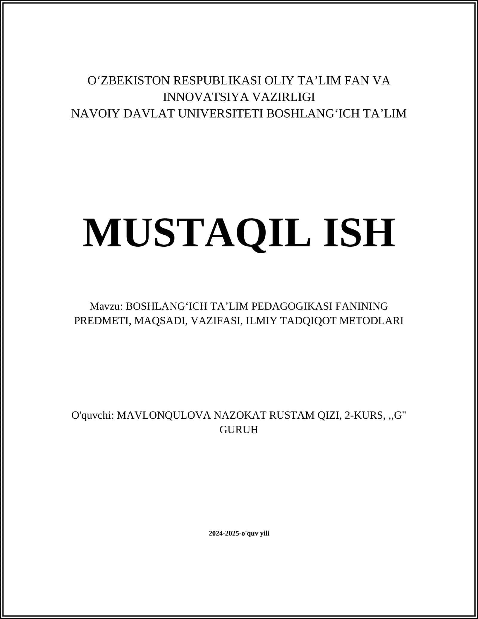Boshlang'ich Ta'lim Pedagogikasi