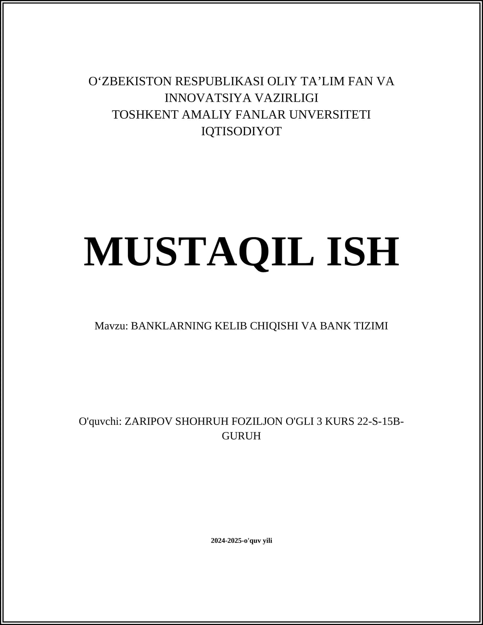 BANKLARNING KELIB CHIQISHI VA BANK TIZIMI