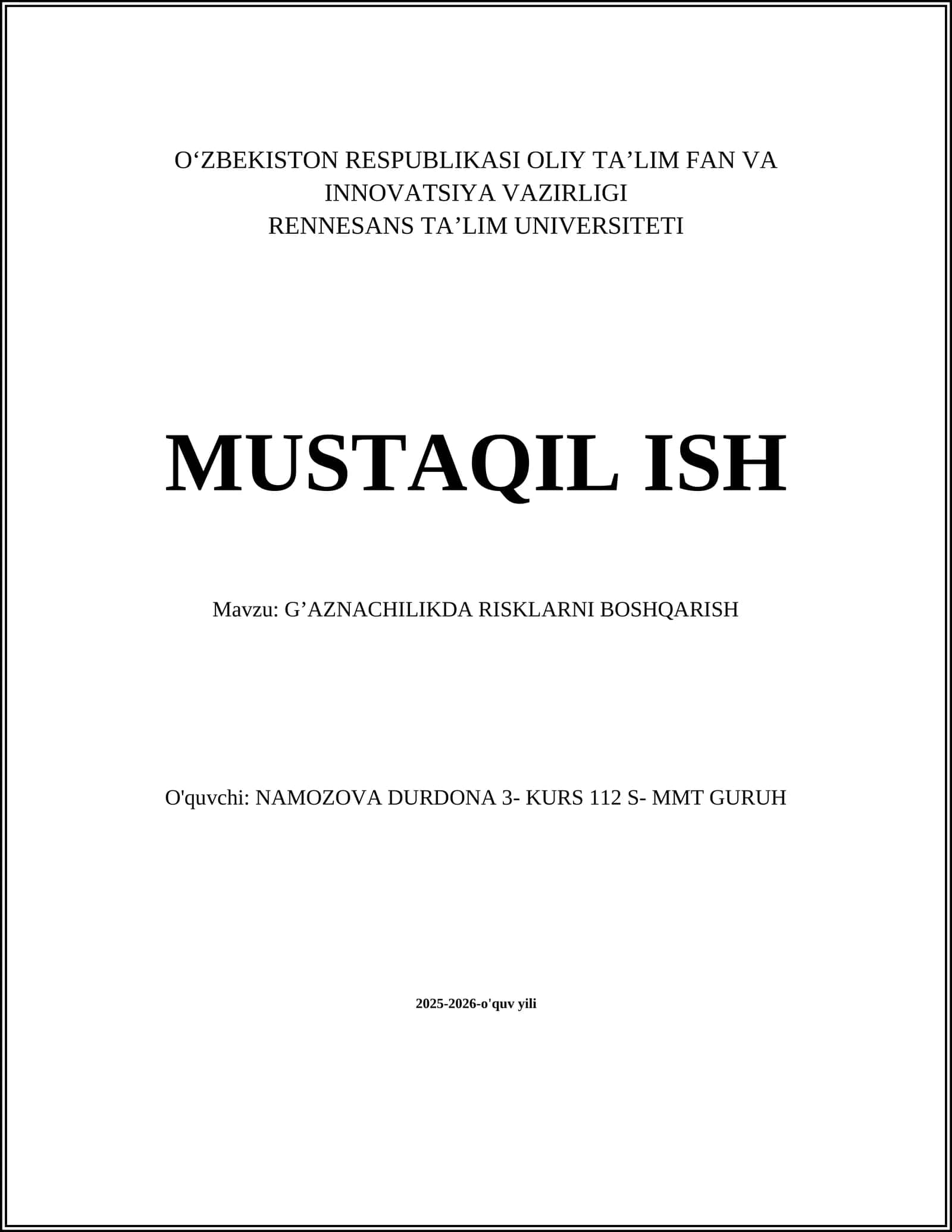 G’AZNACHILIKDA RISKLARNI BOSHQARISH