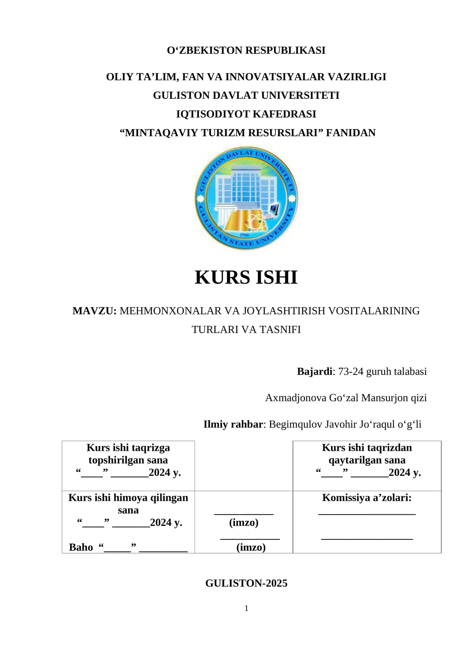 MEHMONXONALAR VA JOYLASHTIRISH VOSITALARINING TURLARI VA TASNIFI