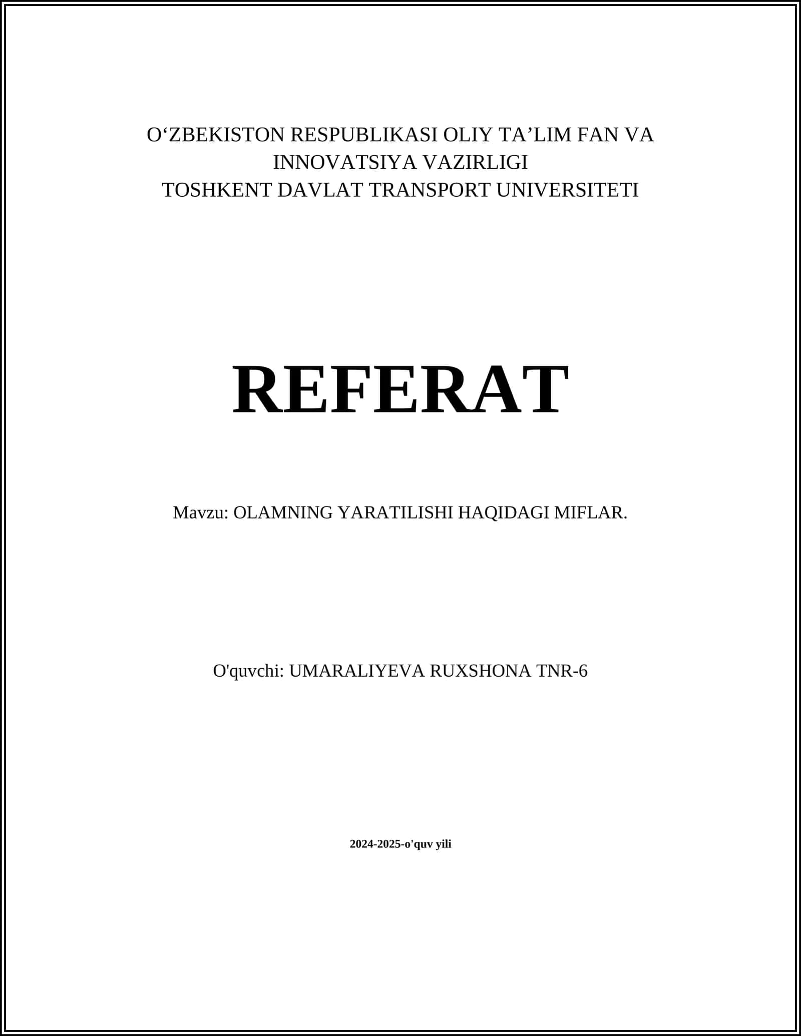 OLAMNING YARATILISHI HAQIDAGI MIFLAR
