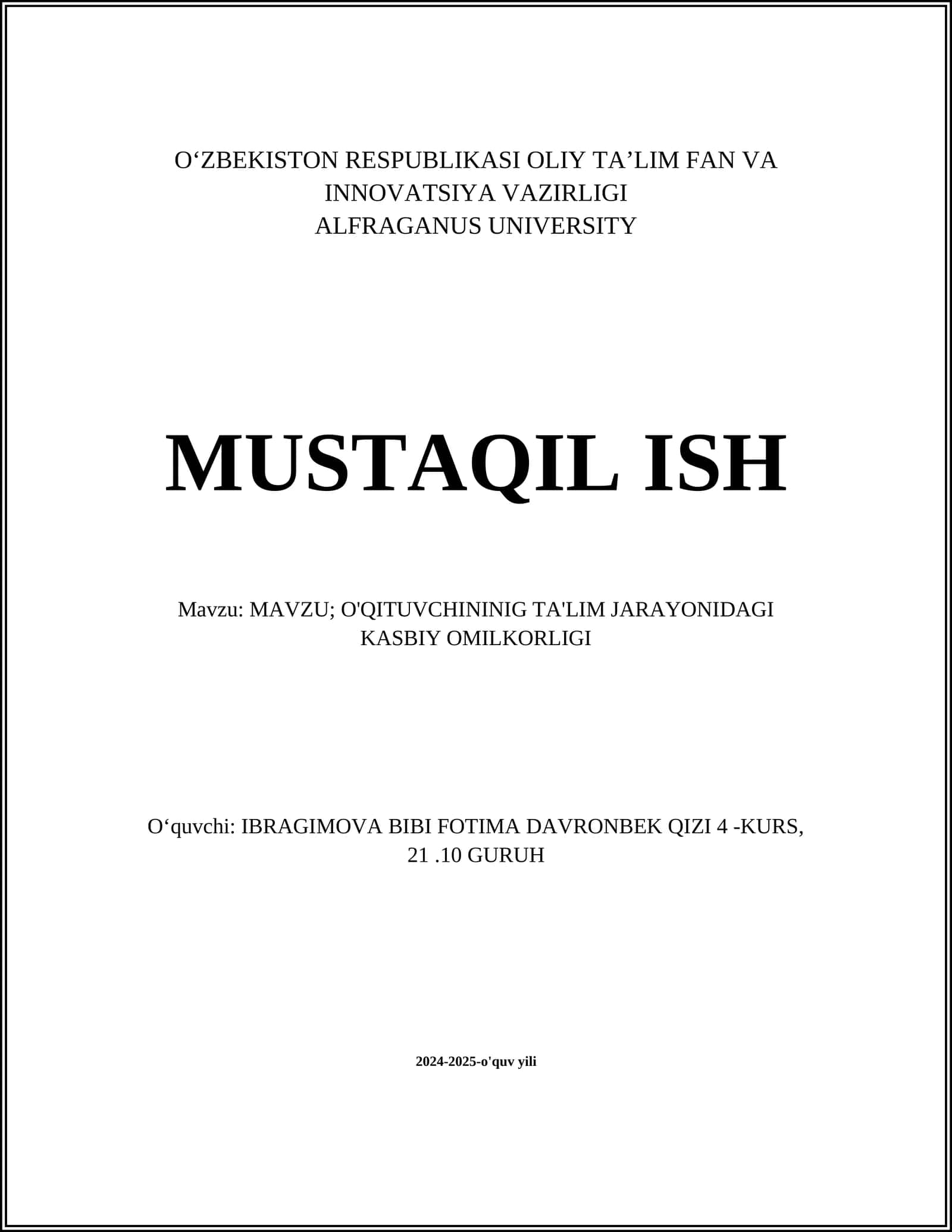 O'QITUVCHINING TA'LIM JARAYONIDAGI KASBIY OMILKORLIGI