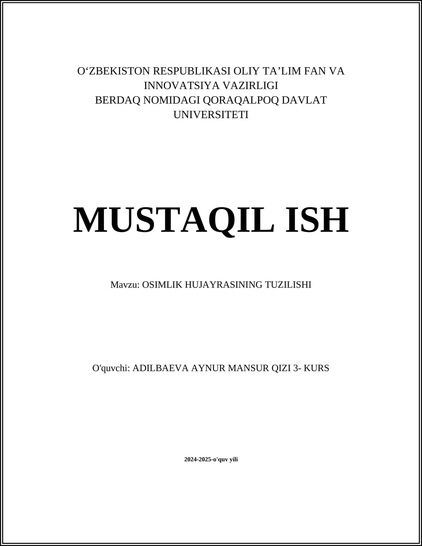 OSIMLIK HUJAYRASINING TUZILISHI