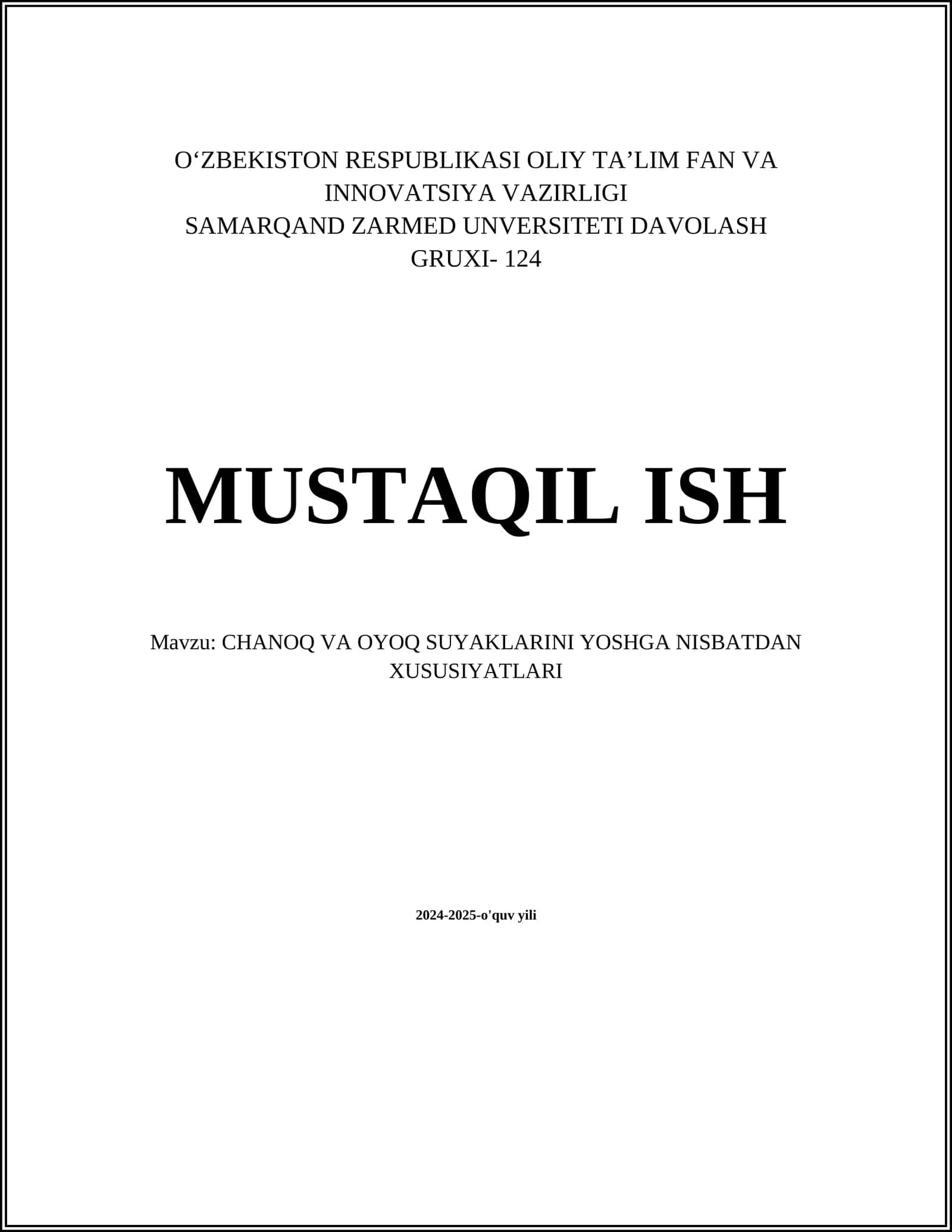 CHANOQ VA OYOQ SUYAKLARINI YOSHGA NISBATDAN XUSUSIYATLARI
