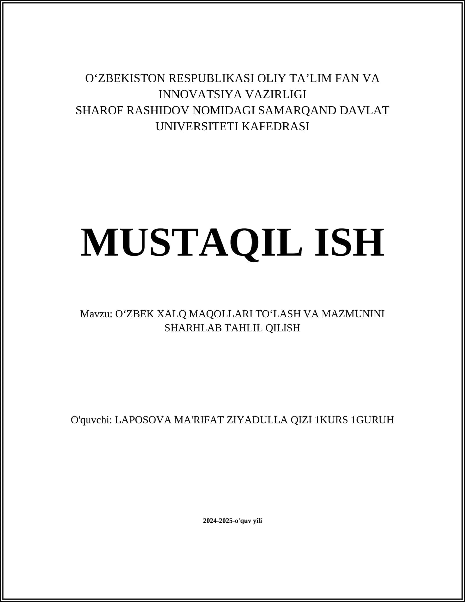 Oʻzbek Xalq Maqollarini Tahlil Qilish