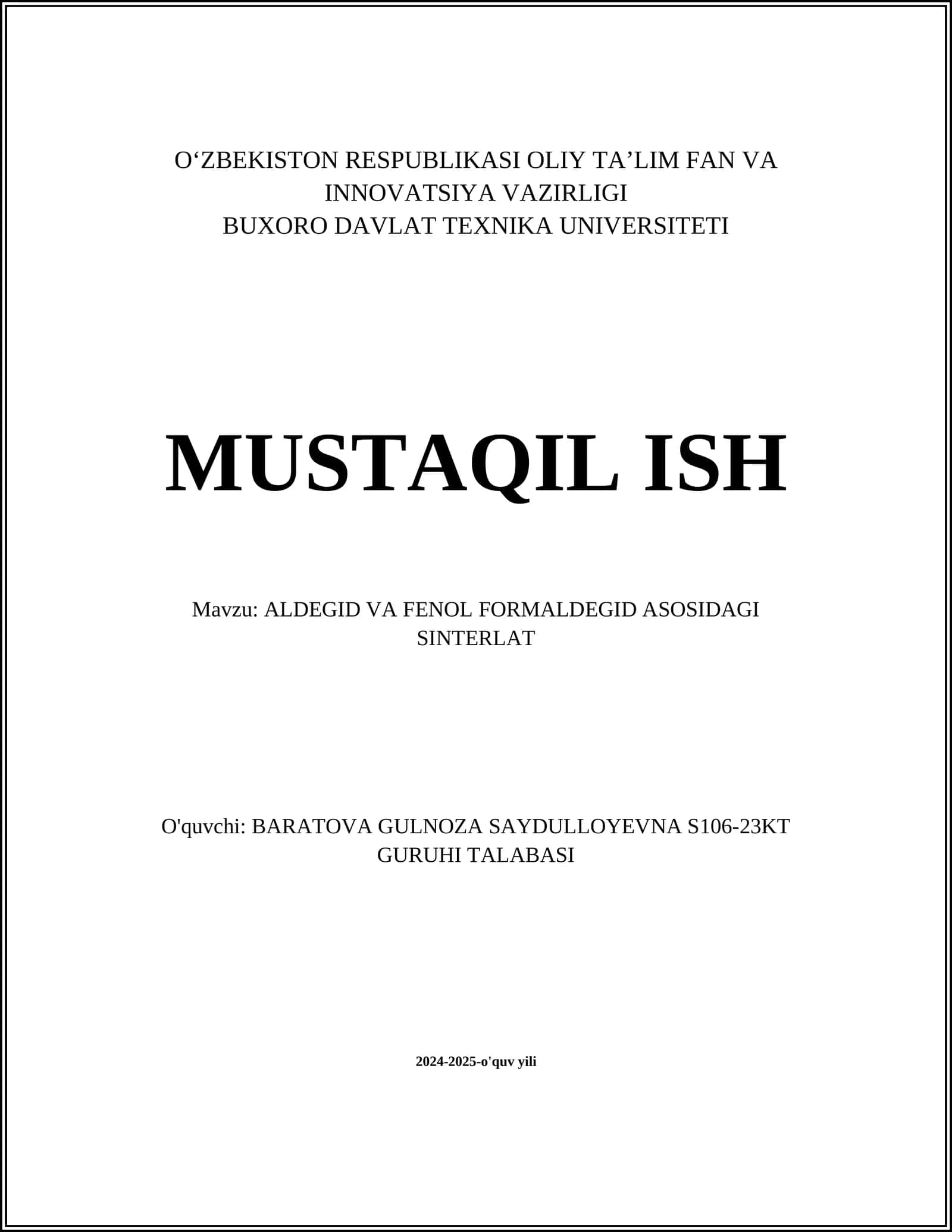ALDEGID VA FENOL FORMALDEGID ASOSIDAGI SINTERLAT