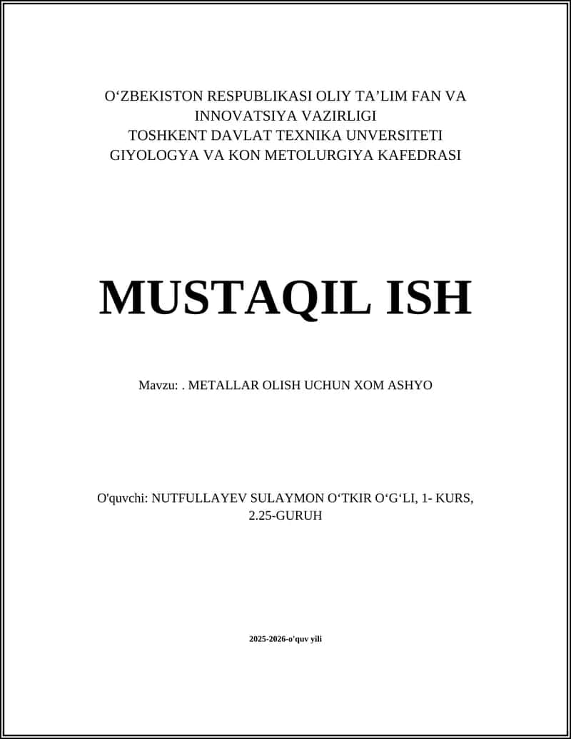 METALLAR OLISH UCHUN XOM ASHYO