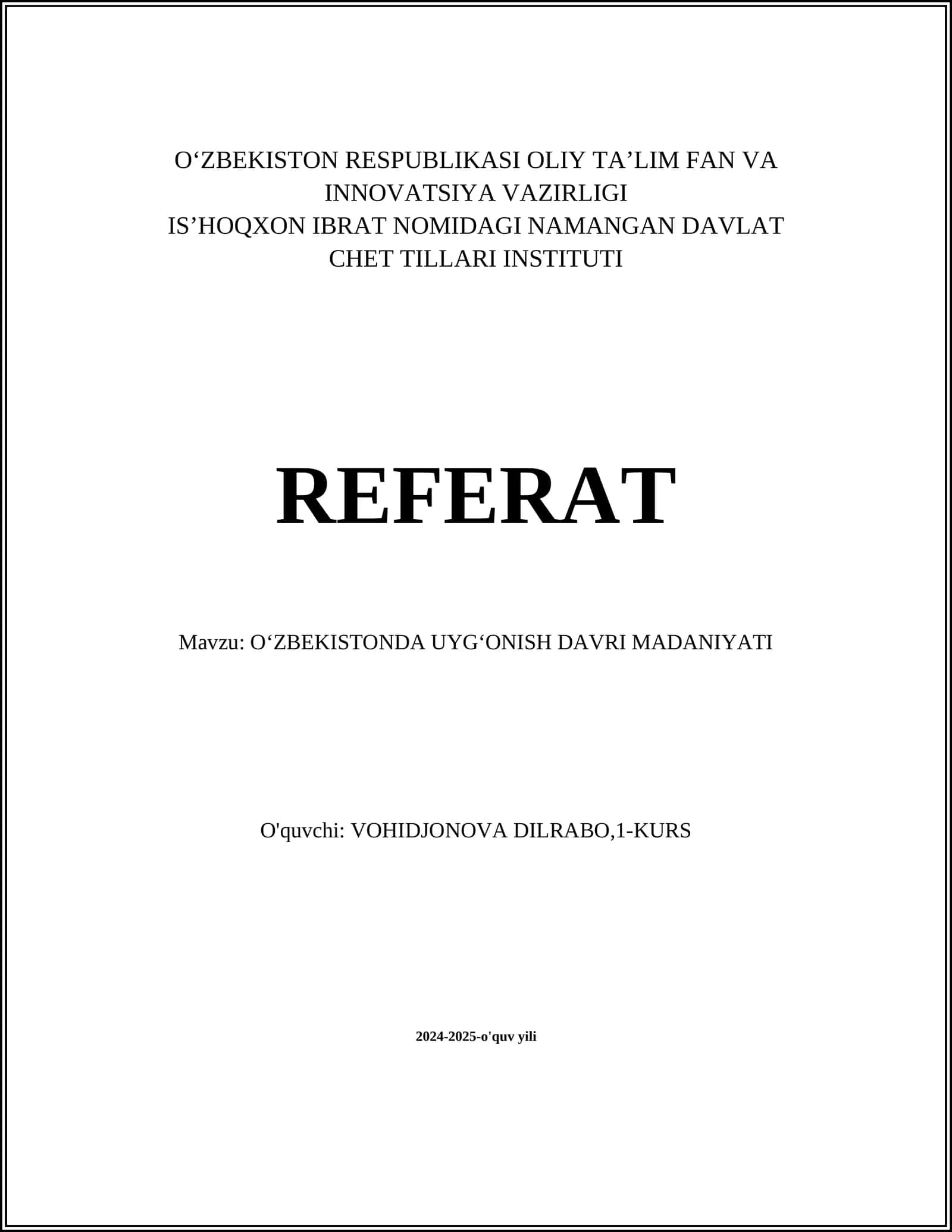 OʻZBEKISTONDA UYGʻONISH DAVRI MADANIYATI