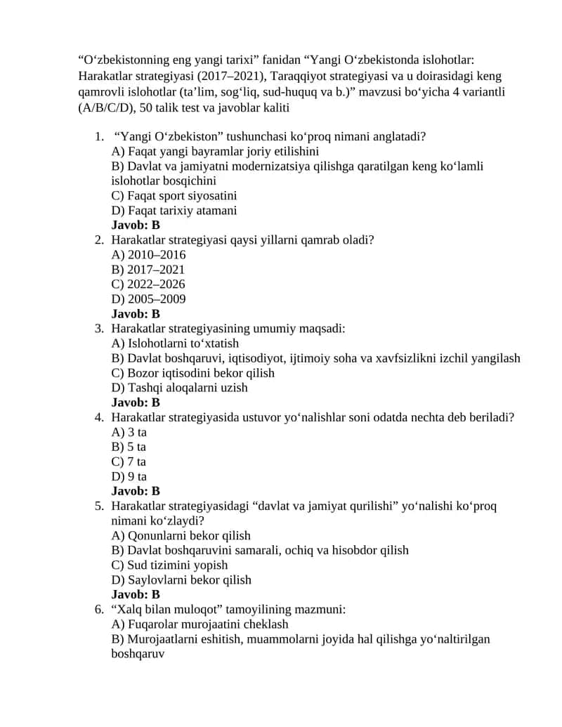 Oʻzbekistonning eng yangi tarixi fanidan 10-test