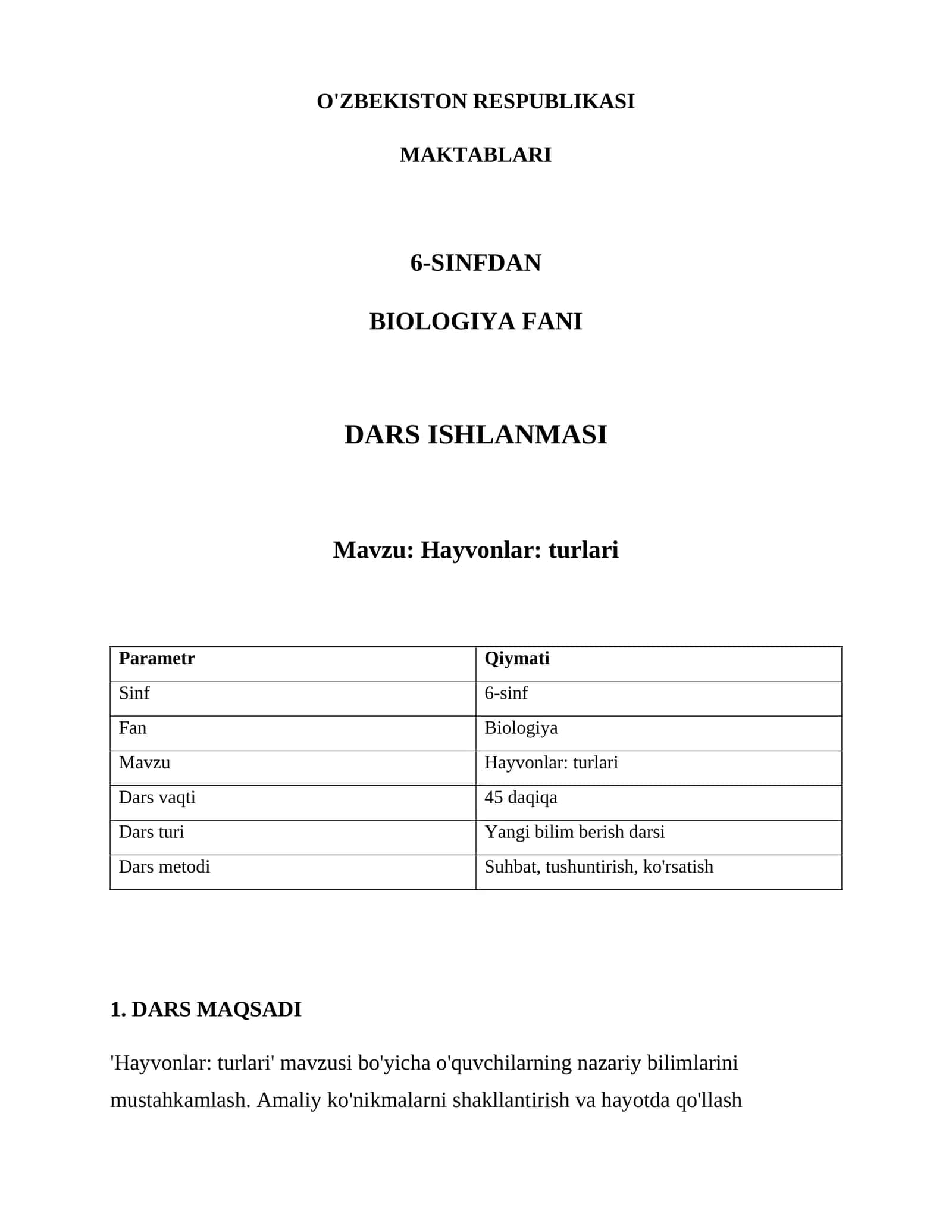 BIOLOGIYA FANI DARS ISHLANMASI