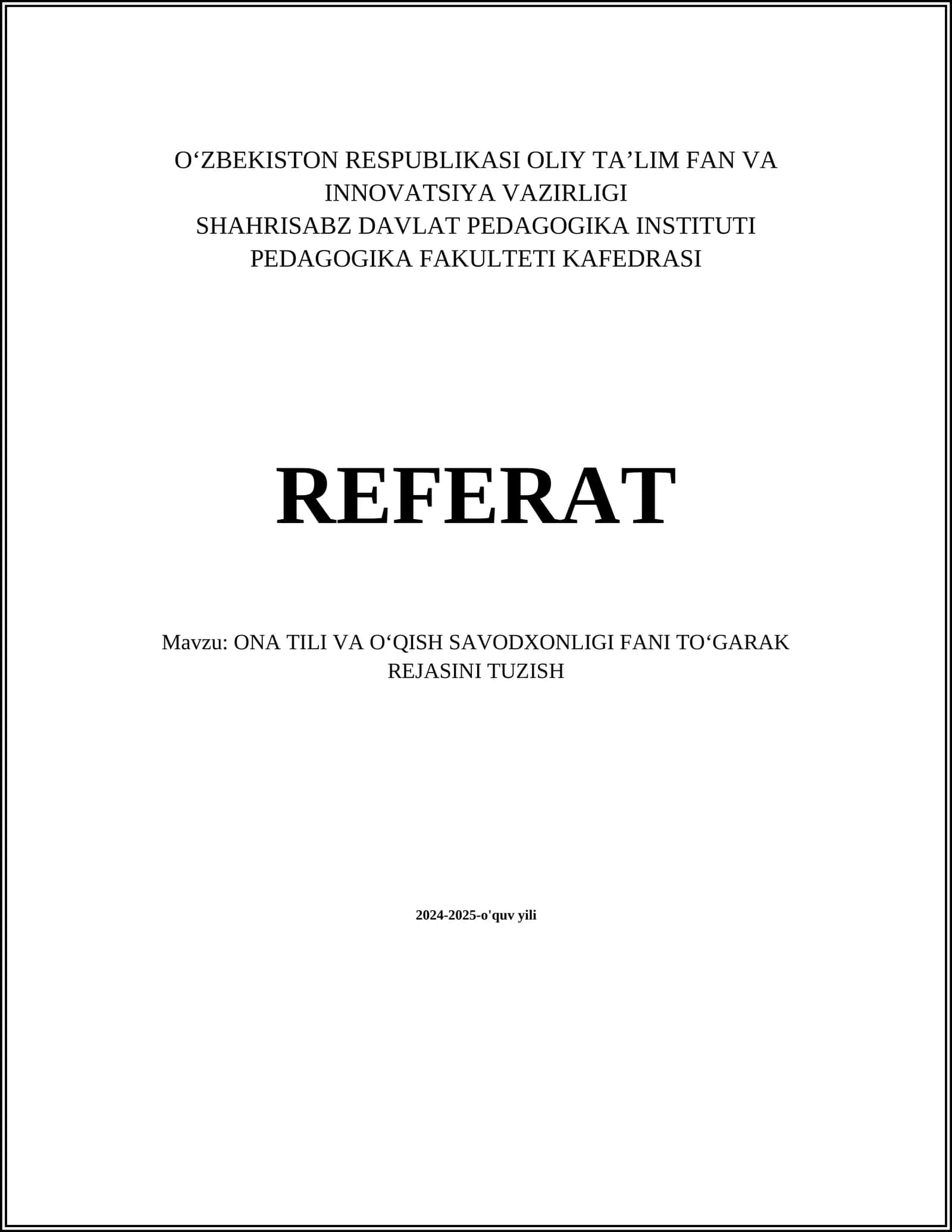ONA TILI VA OʻQISH SAVODXONLIGI FANI TOʻGARAK REJASINI TUZISH