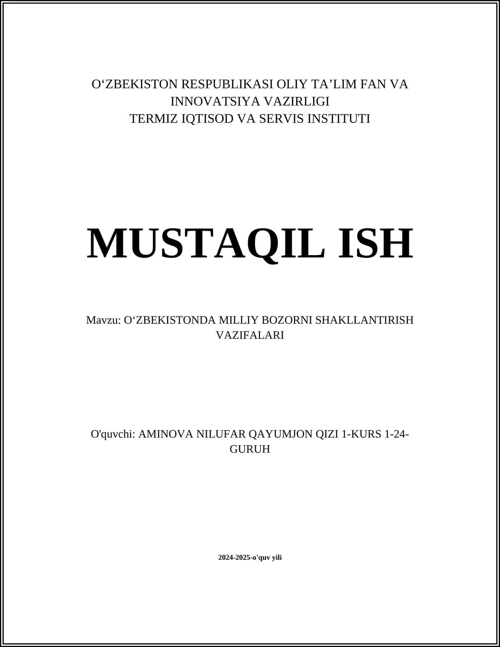 O'ZBEKISTONDA MILLIY BOZORNI SHAKLLANTIRISH VAZIFALARI