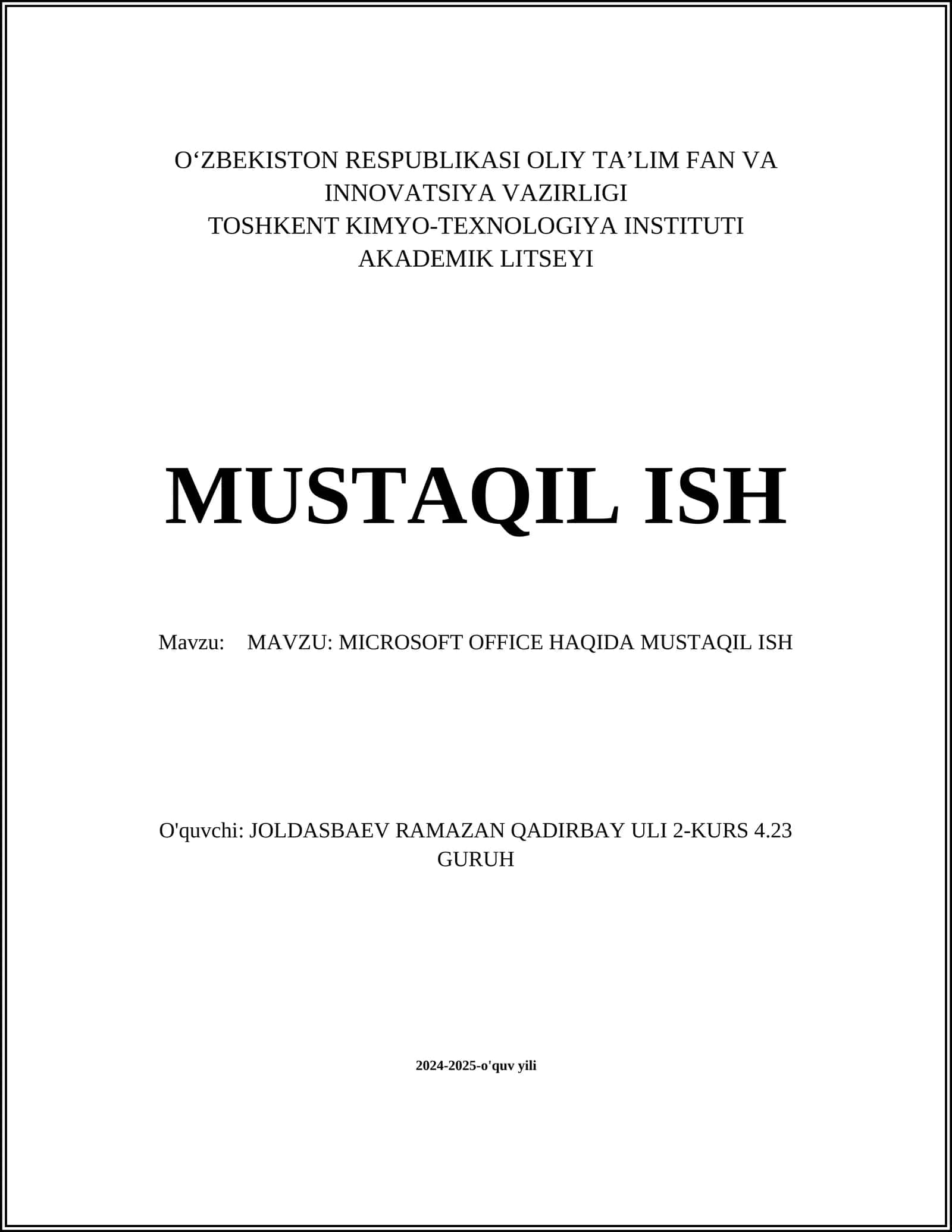 MICROSOFT OFFICE HAQIDA MUSTAQIL ISH