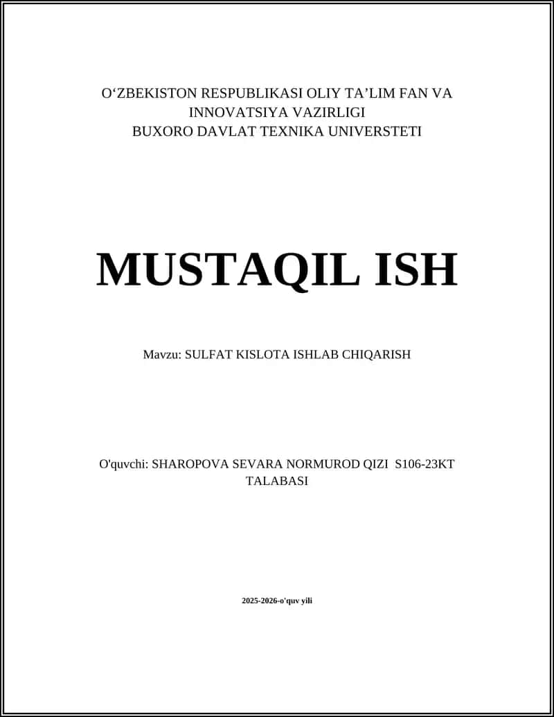 SULFAT KISLOTA ISHLAB CHIQARISH
