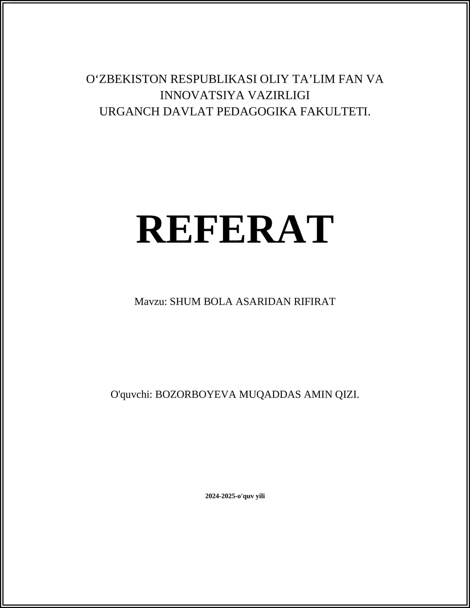 SHUM BOLA ASARIDAN RIFIRAT