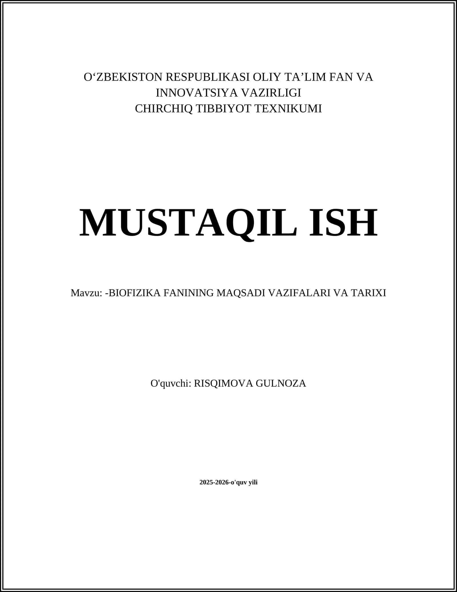 BIOFIZIKA FANINING MAQSADI VAZIFALARI VA TARIXI