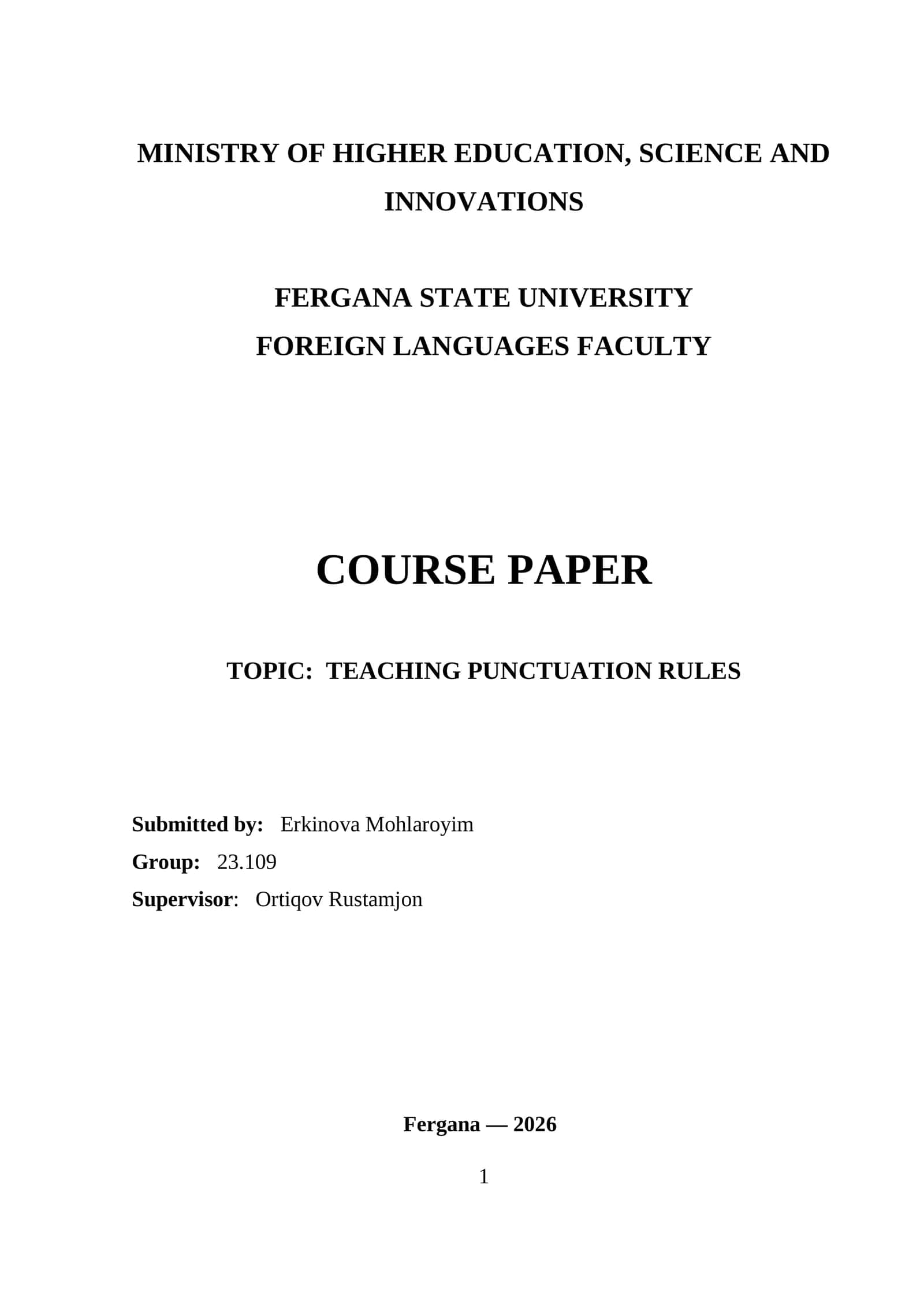 COURSE PAPER ON TEACHING PUNCTUATION RULES