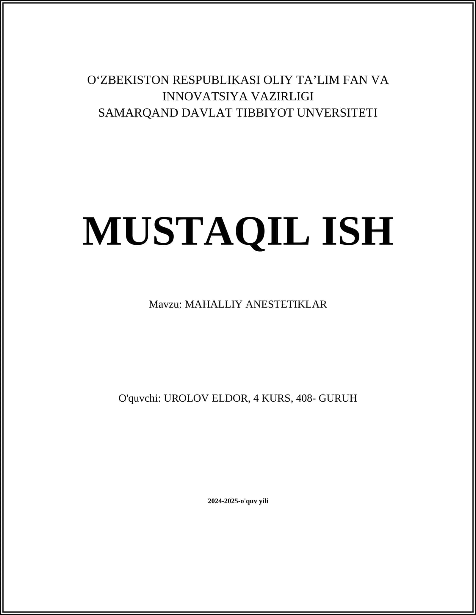 MAHALLIY ANESTETIKLAR