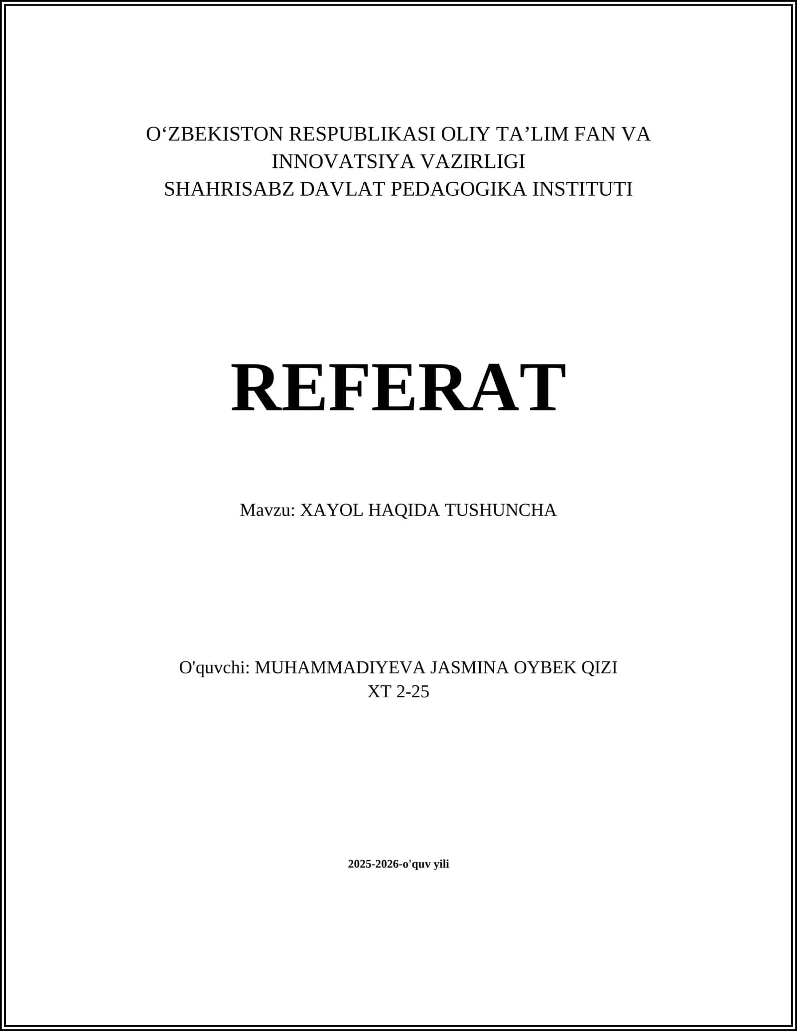 XAYOL HAQIDA TUSHUNCHA