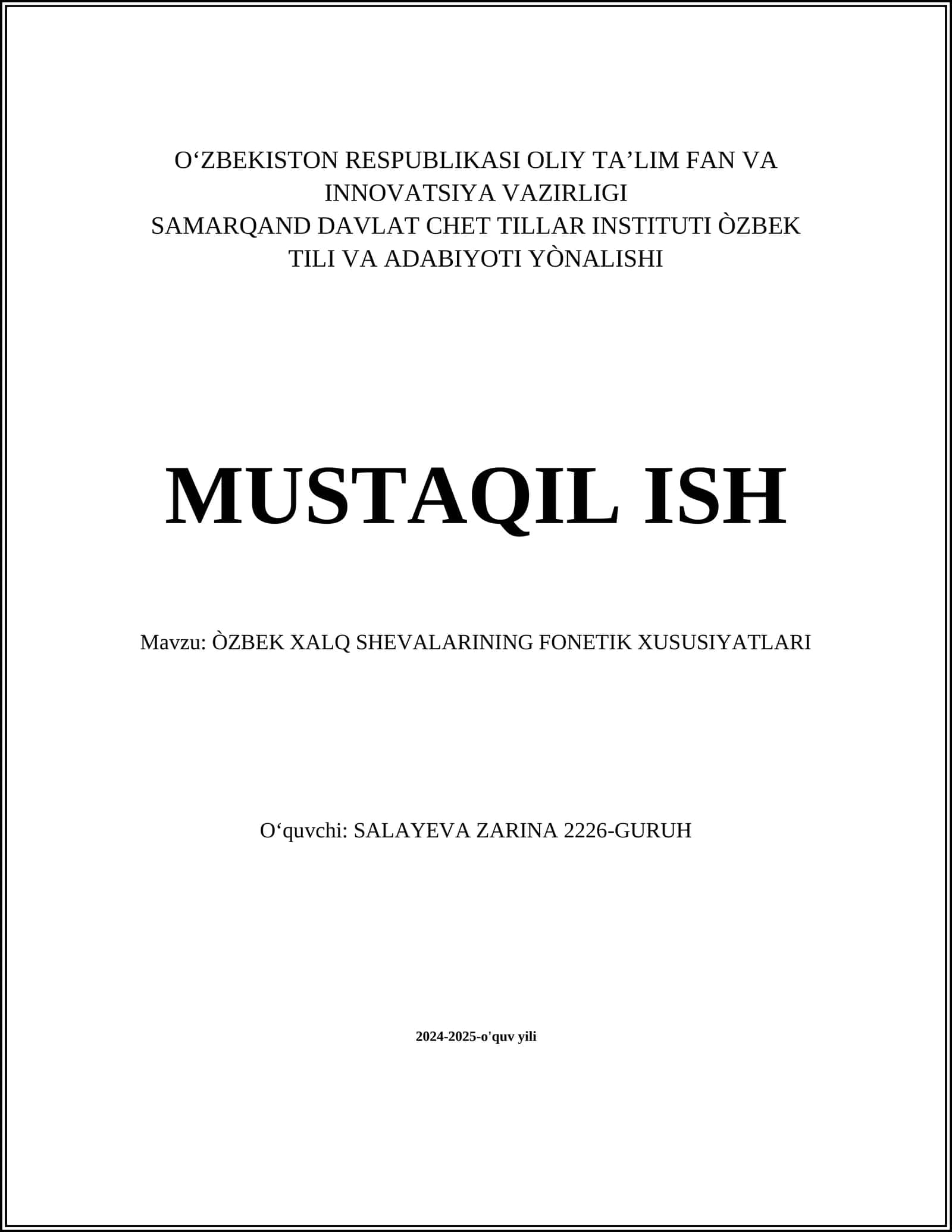 ÒZBEK XALQ SHEVALARINING FONETIK XUSUSIYATLARI