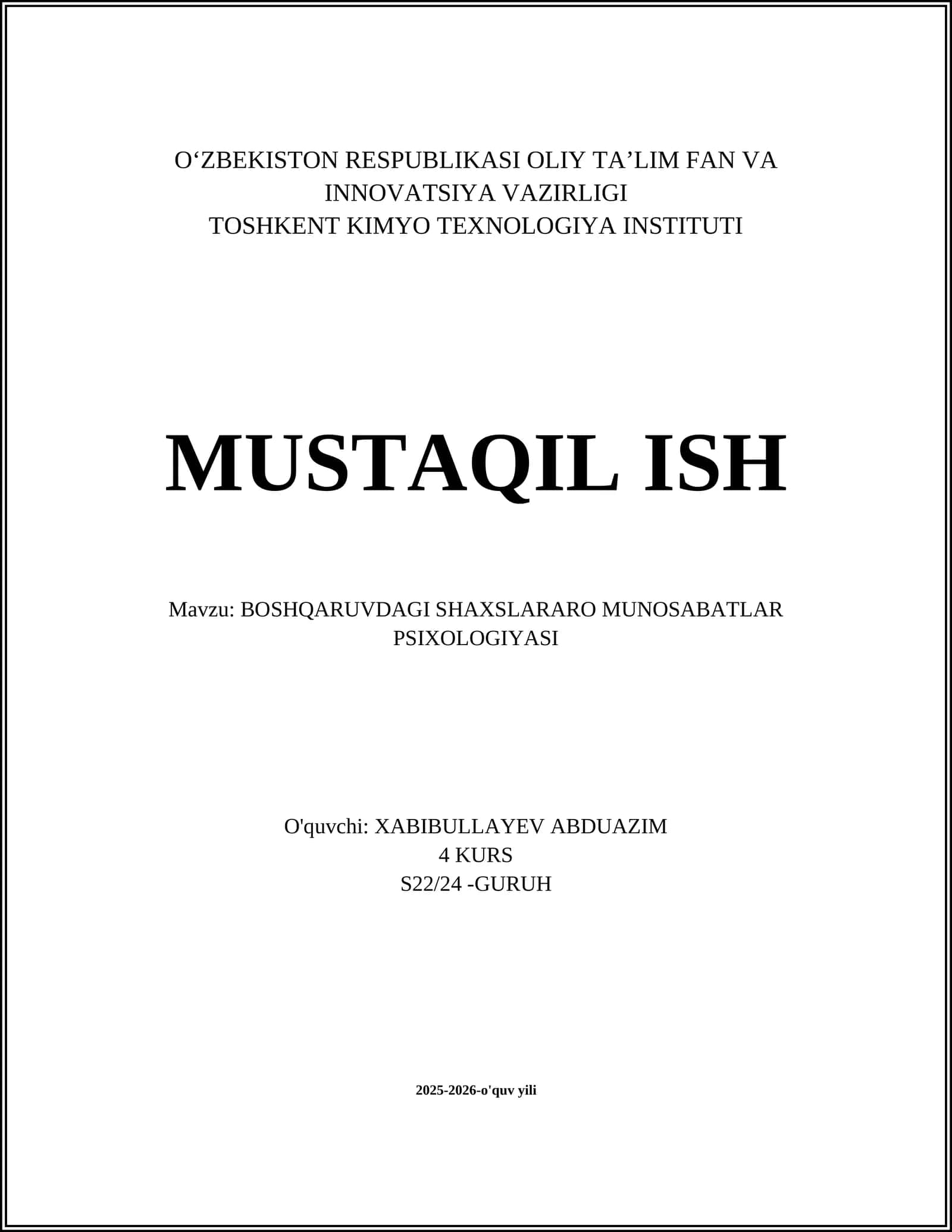 BOSHQARUVDAGI SHAXSLARARO MUNOSABATLAR PSIXOLOGIYASI