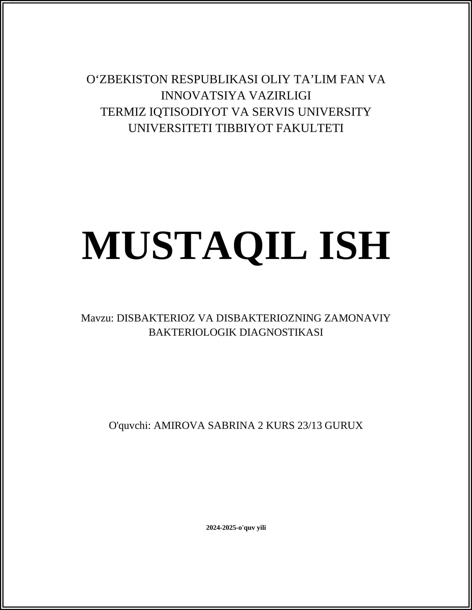 DISBAKTERIOZ VA DISBAKTERIOZNING ZAMONAVIY BAKTERIOLOGIK DIAGNOSTIKASI