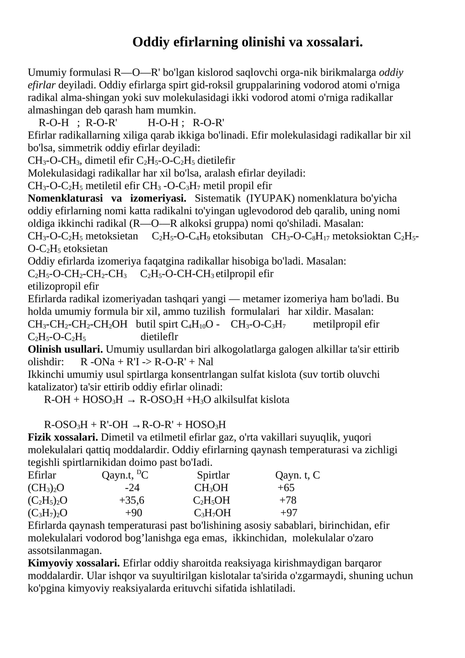 Oddiy efirlarning olinishi va xossalari