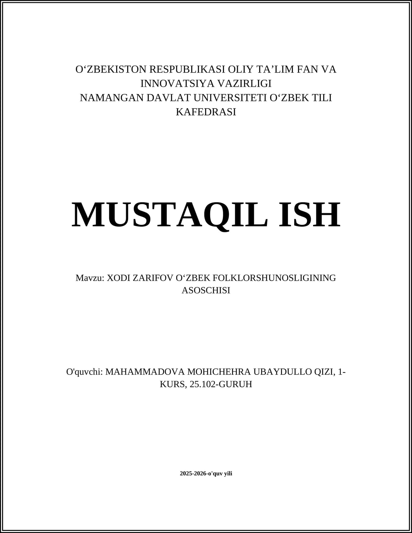 XODI ZARIFOV OʻZBEK FOLKLORSHUNOSLIGINING ASOSCHISI