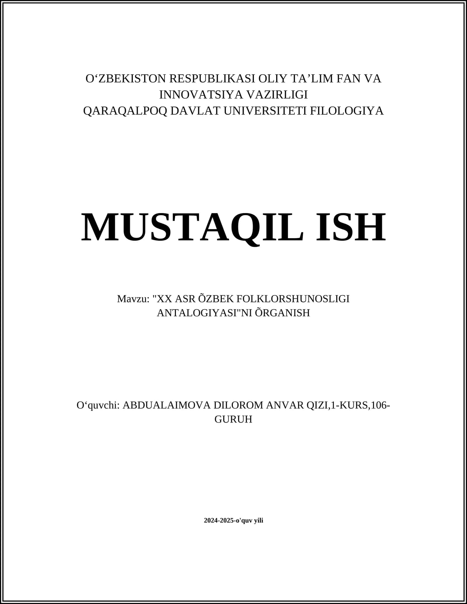"XX ASR ÕZBEK FOLKLORSHUNOSLIGI ANTALOGIYASI"NI ÕRGANISH