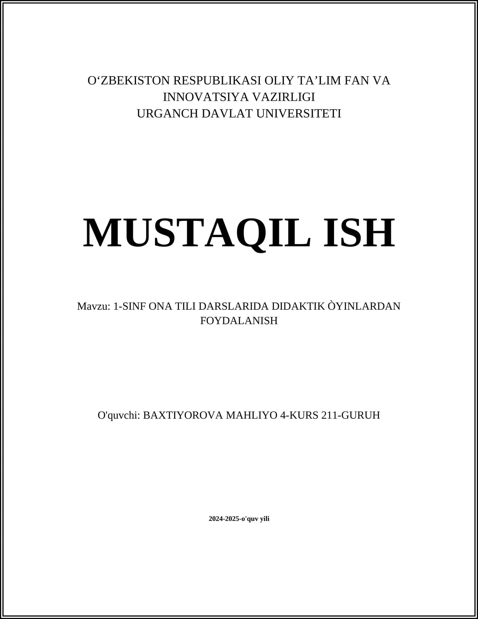 1-SINF ONA TILI DARSLARIDA DIDAKTIK ÒYINLARDAN FOYDALANISH
