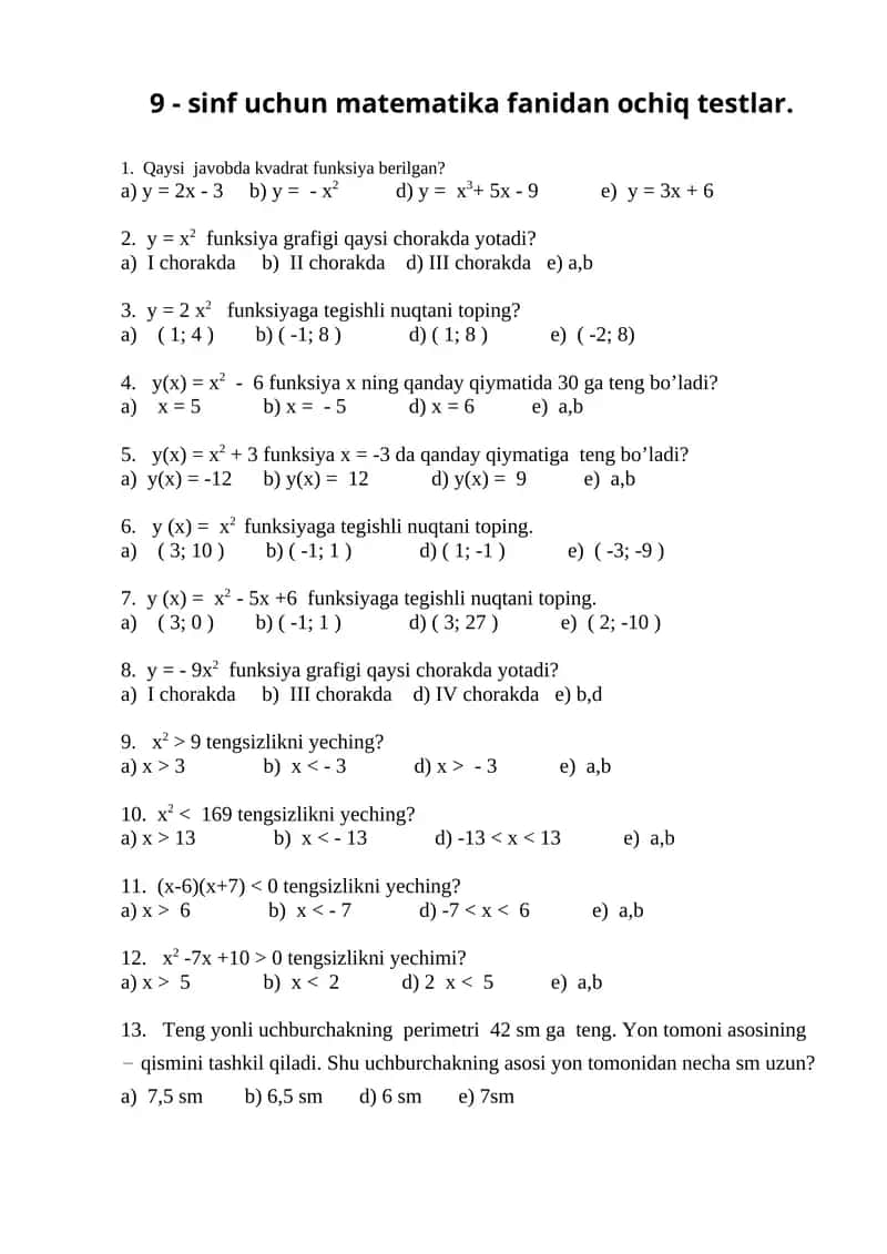 9 - sinf uchun matematika fanidan ochiq testlar