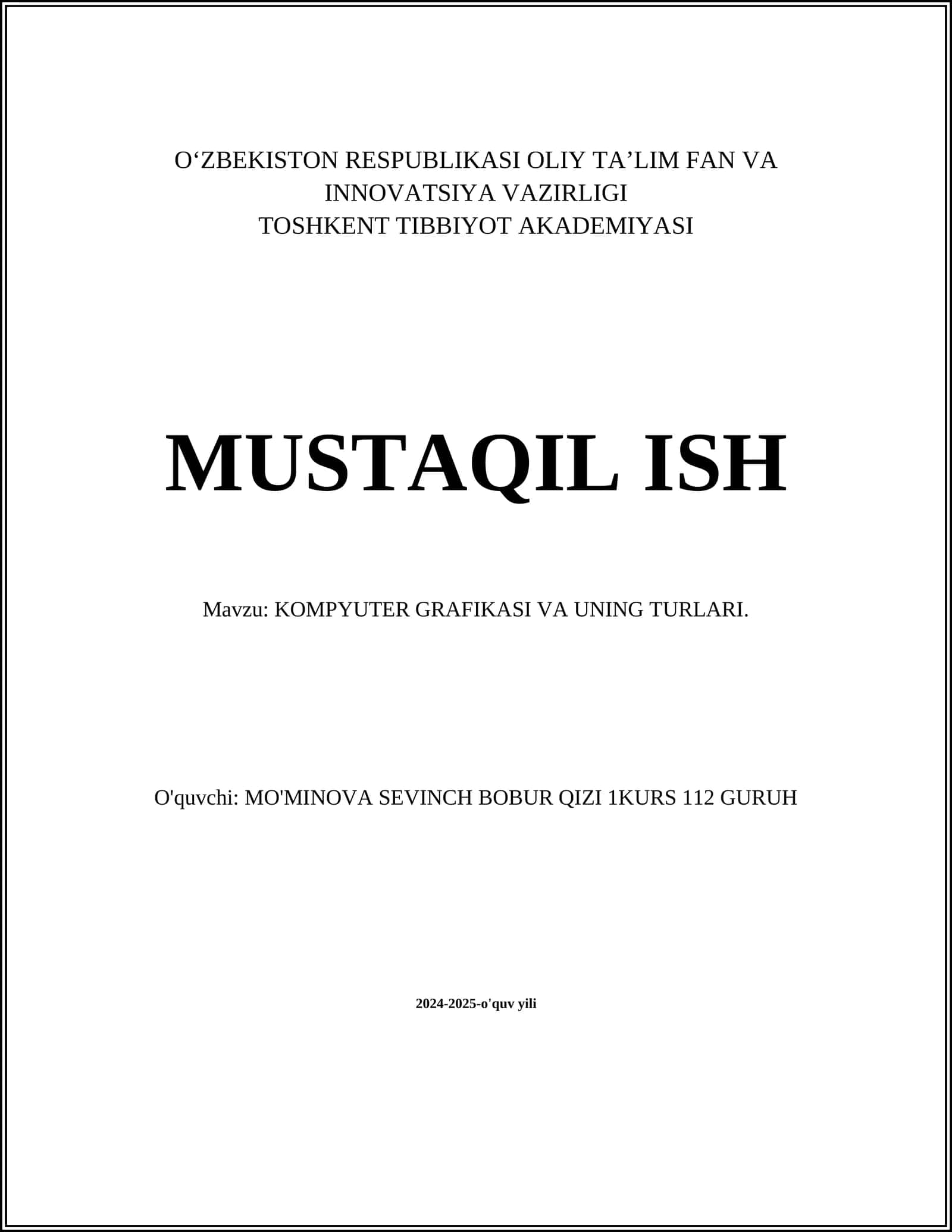 Toshkent Tibbiyot Akademiyasi Mustangil Ish