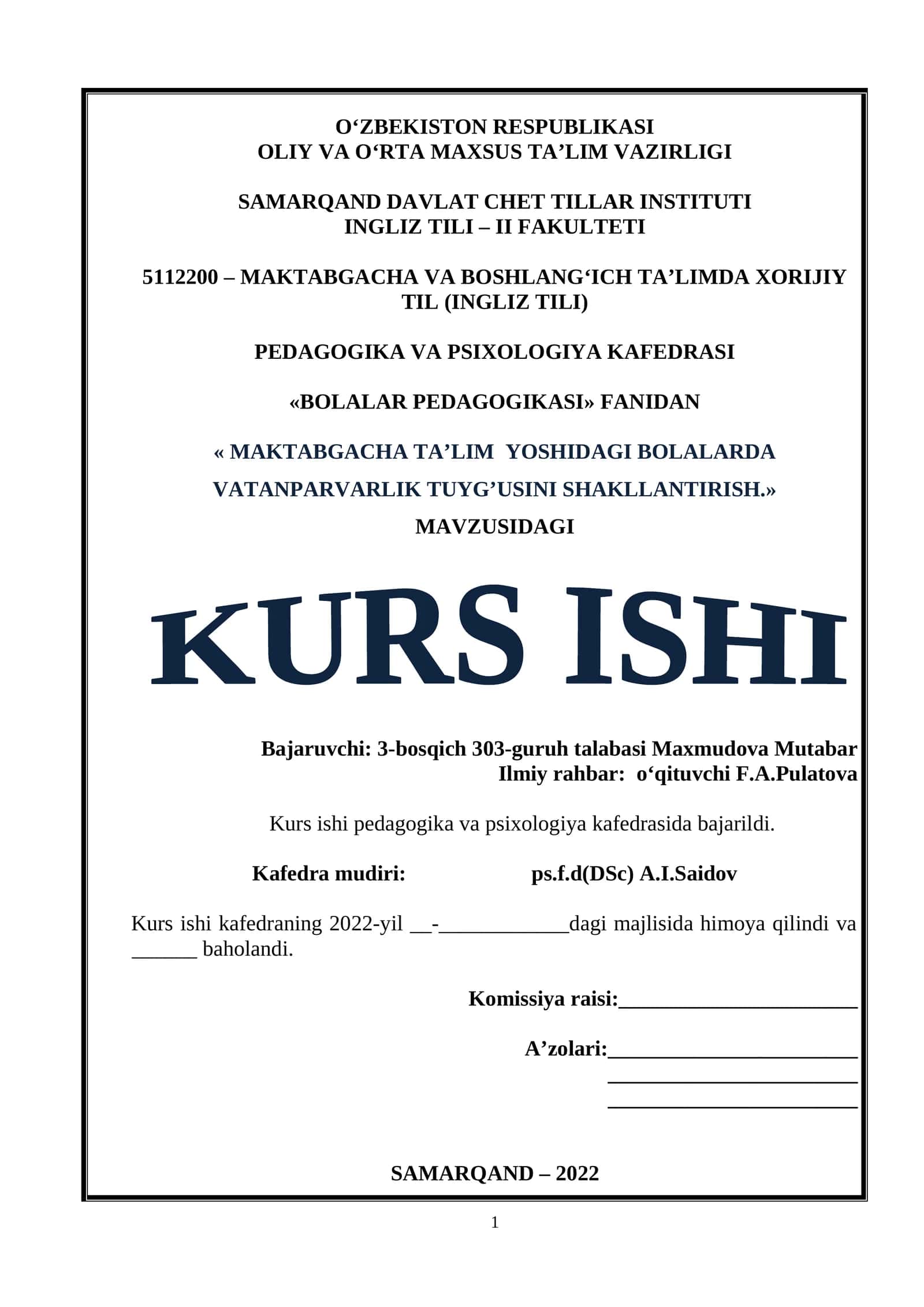 MAKTABGACHA TA’LIM YOSHIDAGI BOLALARDA VATANPARVARLIK TUYG’USINI SHAKLLANTIRISH