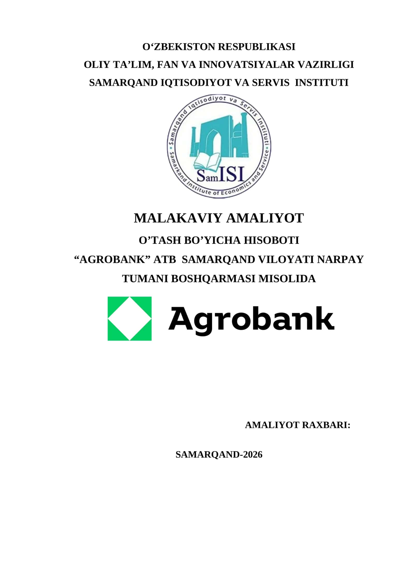 “AGROBANK” ATB  SAMARQAND VILOYATI NARPAY TUMANI BOSHQARMASI MISOLIDA