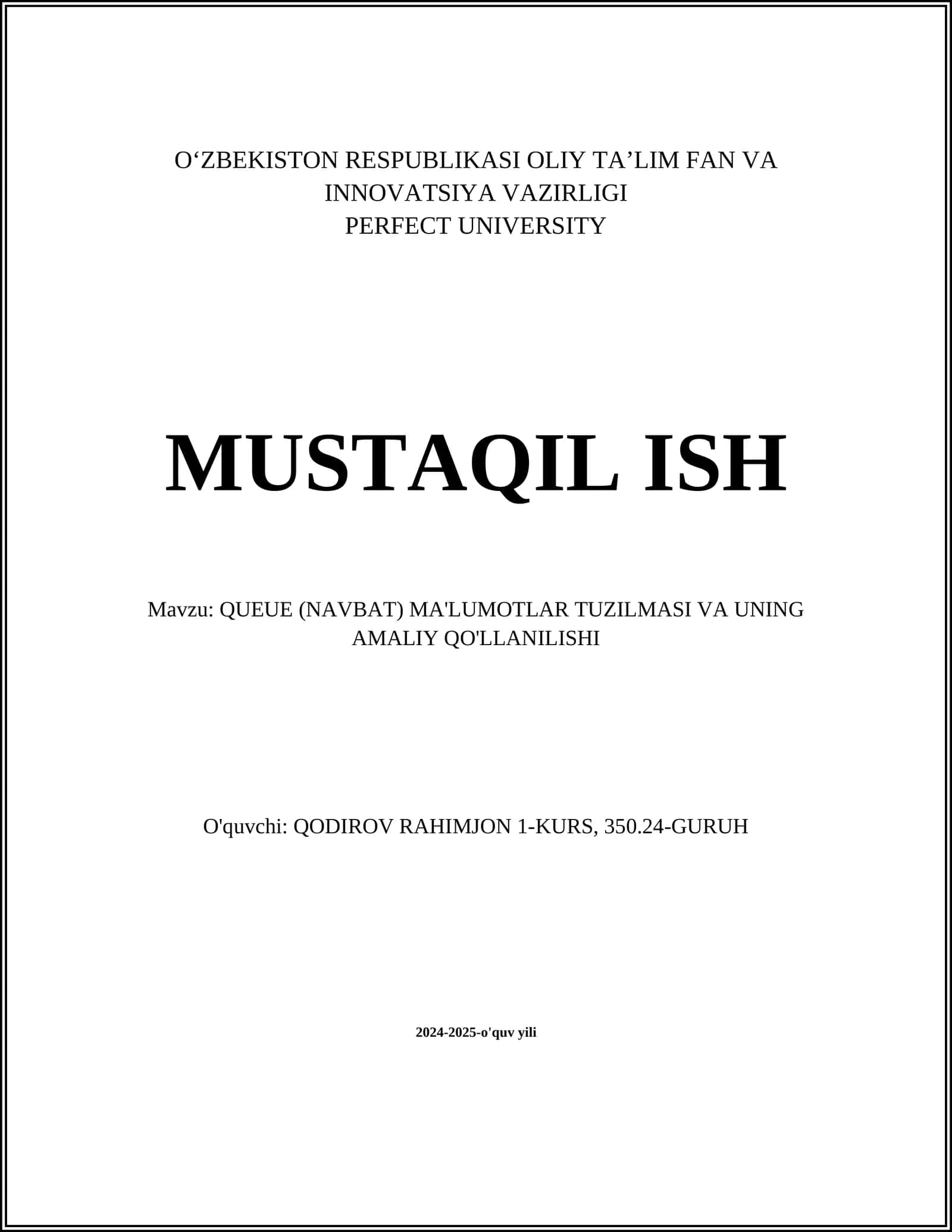 NAVBAT (QUEUE) MA'LUMOTLAR TUZILMASI VA UNING AMALIY QO'LLANILISHI