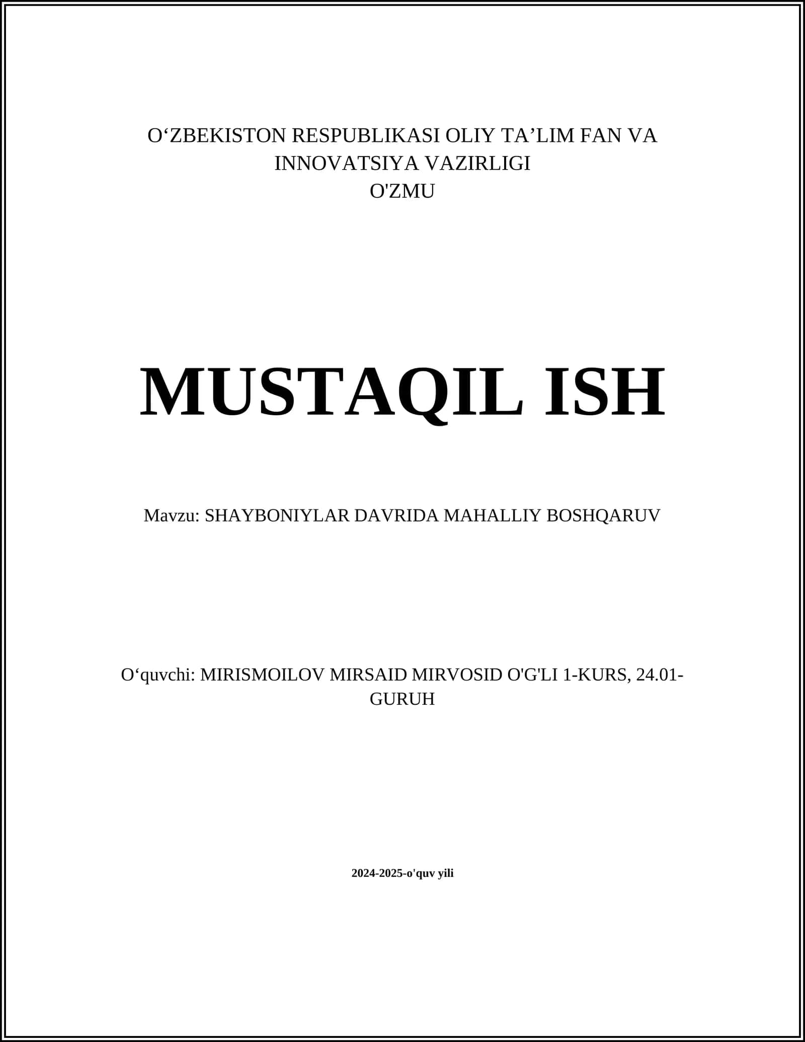 SHAYBONIYLAR DAVRIDA MAHALLIY BOSHQARUV