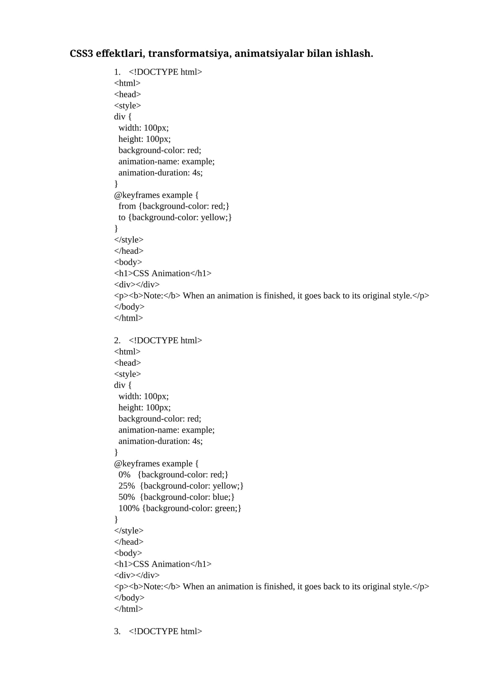 CSS3 effektlari, transformatsiya, animatsiyalar bilan ishlash