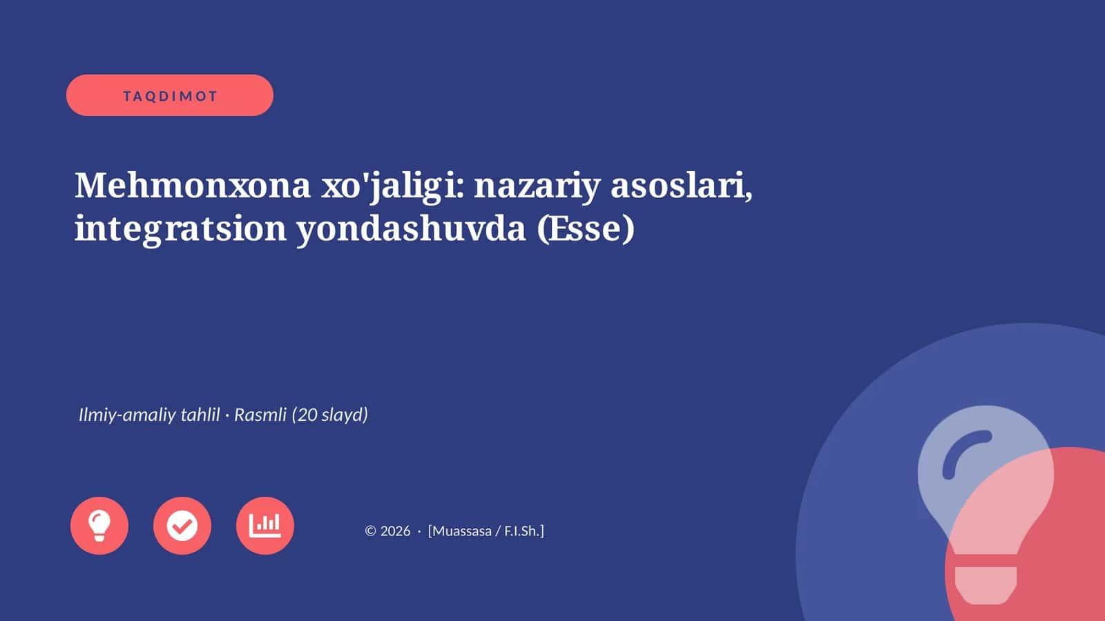 Mehmonxona xo'jaligi: nazariy asoslari, integratsion yondashuvda (Esse)