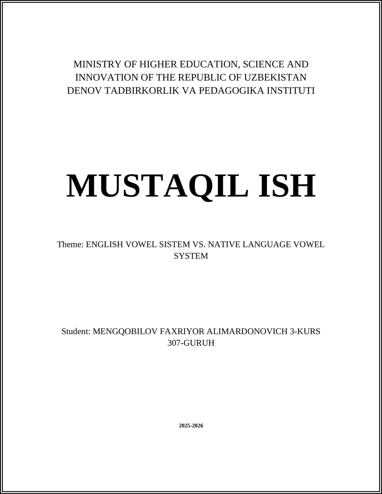 ENGLISH VOWEL SISTEM VS. NATIVE LANGUAGE VOWEL SYSTEM